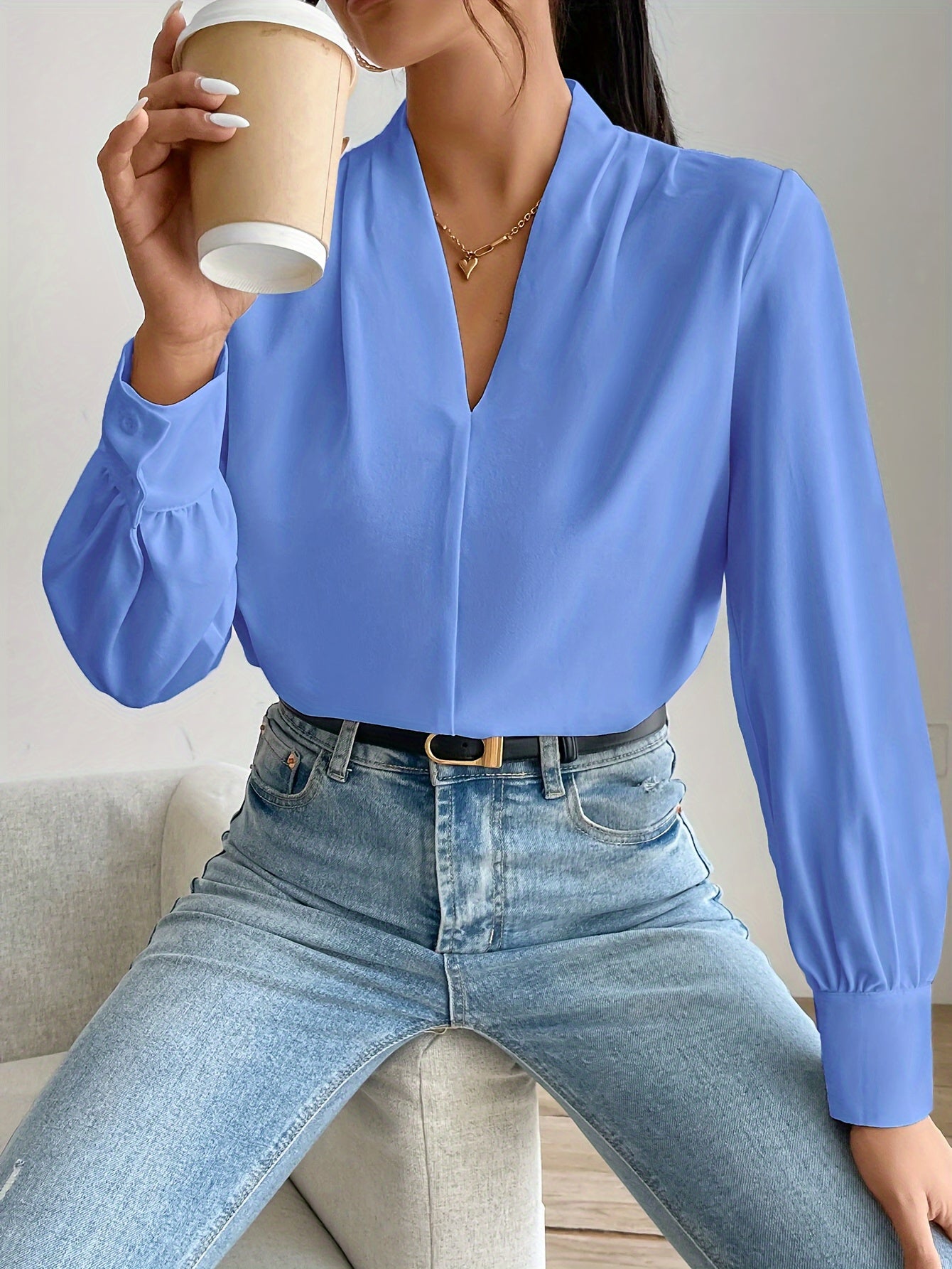 Solid Color V-Neck Long Sleeve Viscose Blouse for Spring and Autumn