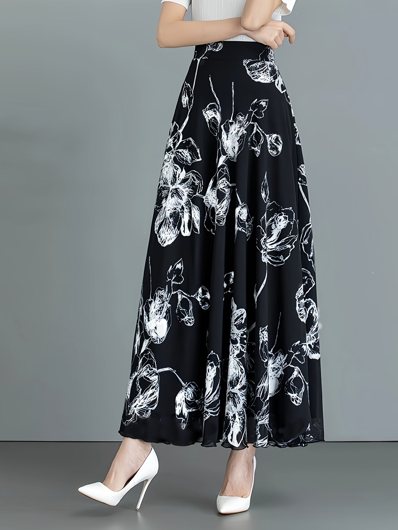 Elegant Black Floral Print Midi Skirt for Women