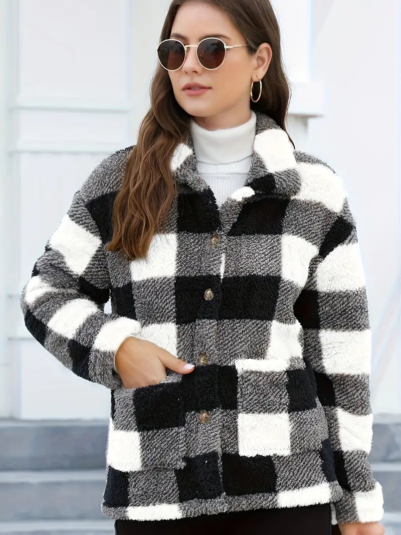 Teddy Coat with Checkered Print and Applied Pockets
