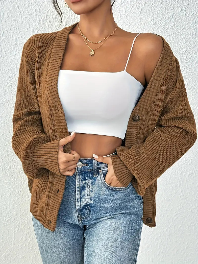 Chic Women's Solid Color Front Button Knit Cardigan Sweater Jacket for Spring and Autumn