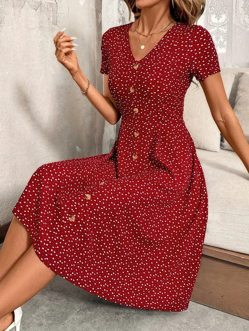 Stylish V-Neck Button-Up Waist-Cinching Dress for Women