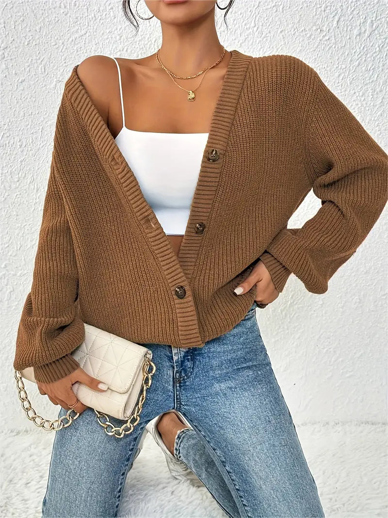 Chic Women's Solid Color Front Button Knit Cardigan Sweater Jacket for Spring and Autumn