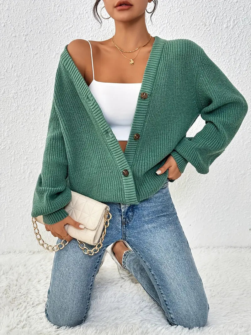 Chic Women's Solid Color Front Button Knit Cardigan Sweater Jacket for Spring and Autumn