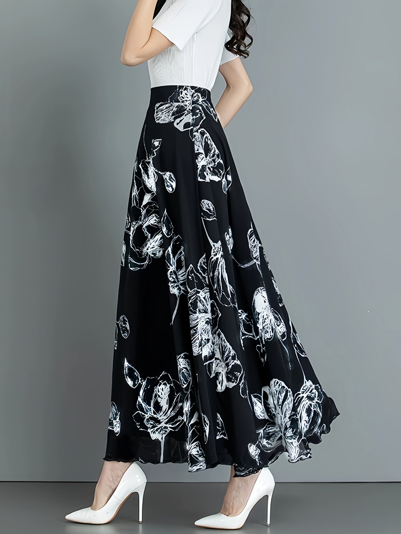 Elegant Black Floral Print Midi Skirt for Women