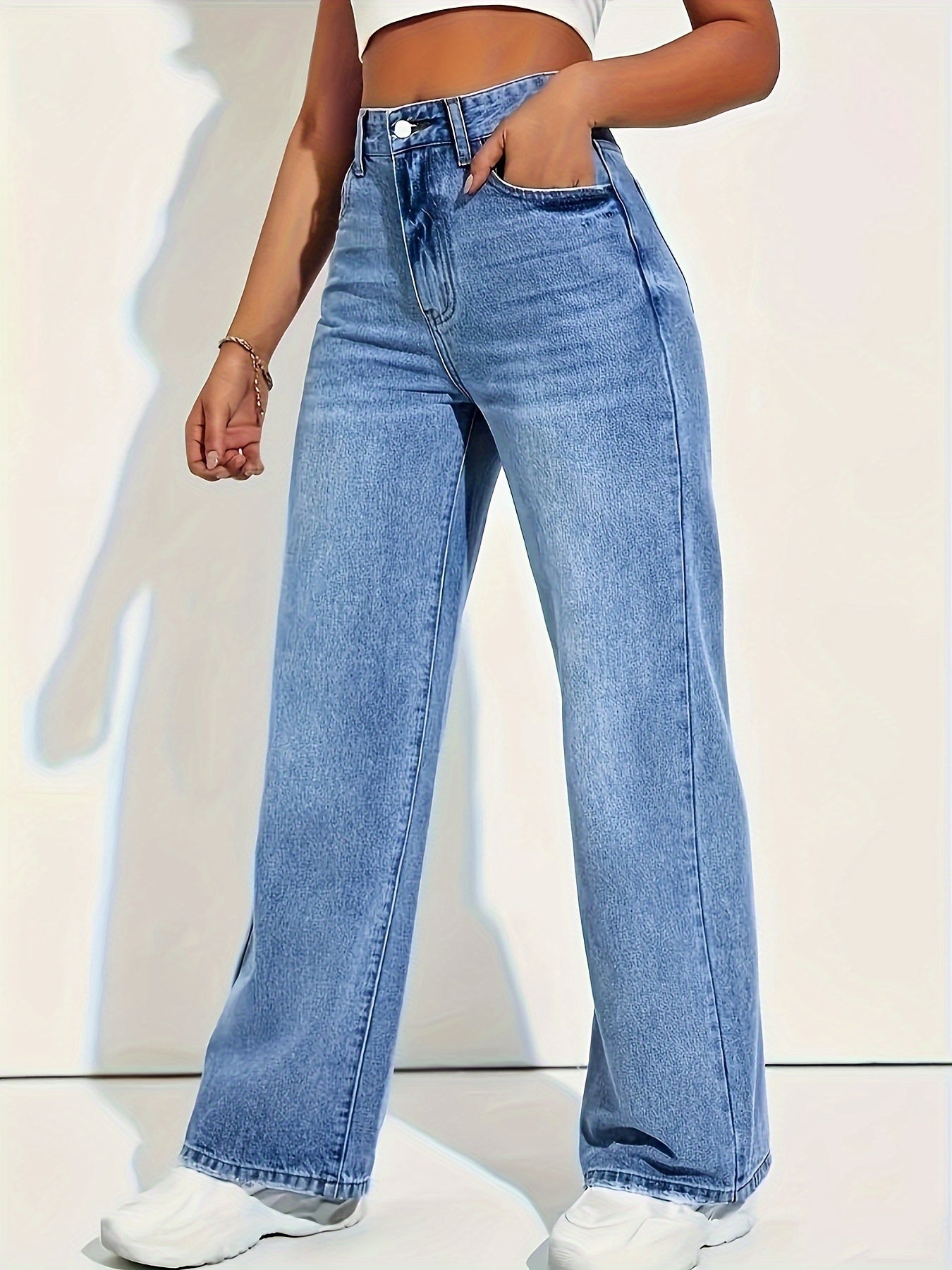 Women's Stylish Light Blue Stretch Straight-Leg Jeans