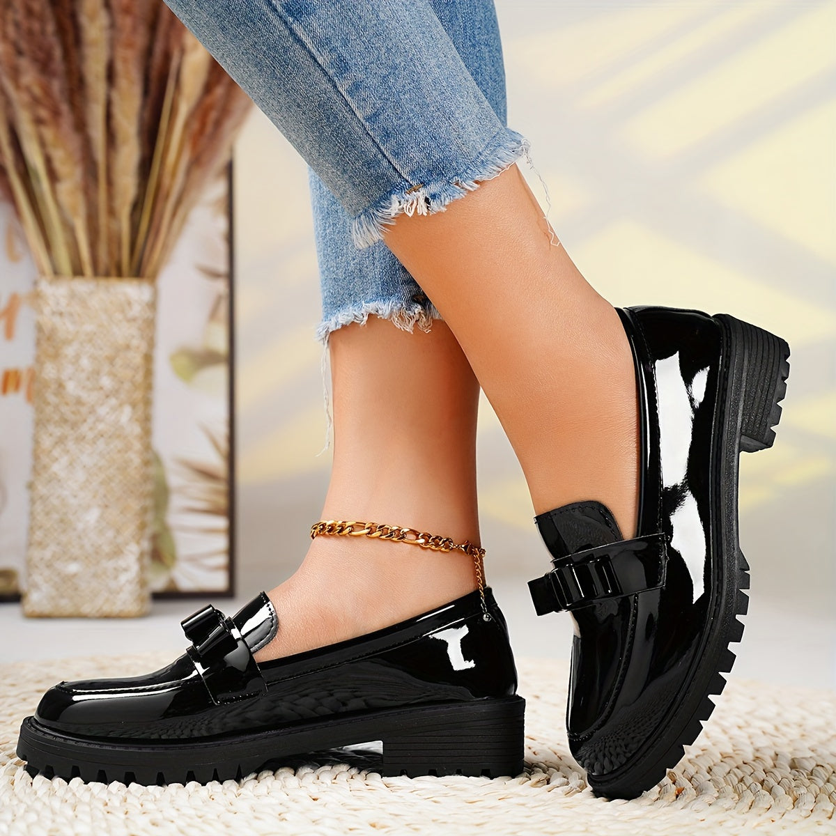 Women's Black Bow Detail Loafers
