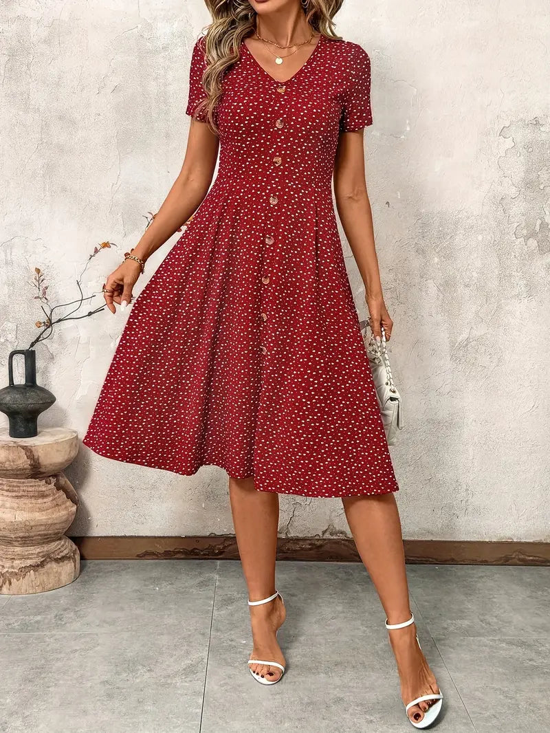 Stylish V-Neck Button-Up Waist-Cinching Dress for Women