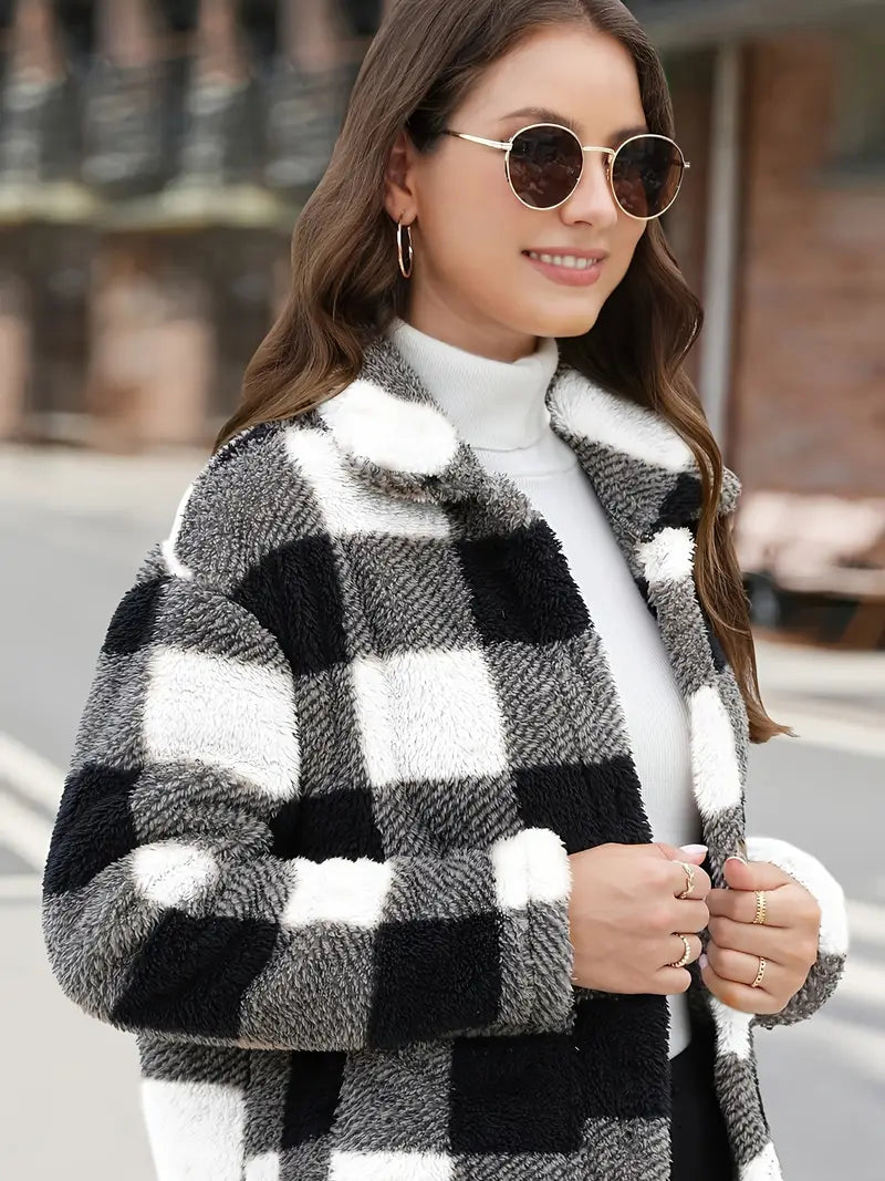 Teddy Coat with Checkered Print and Applied Pockets