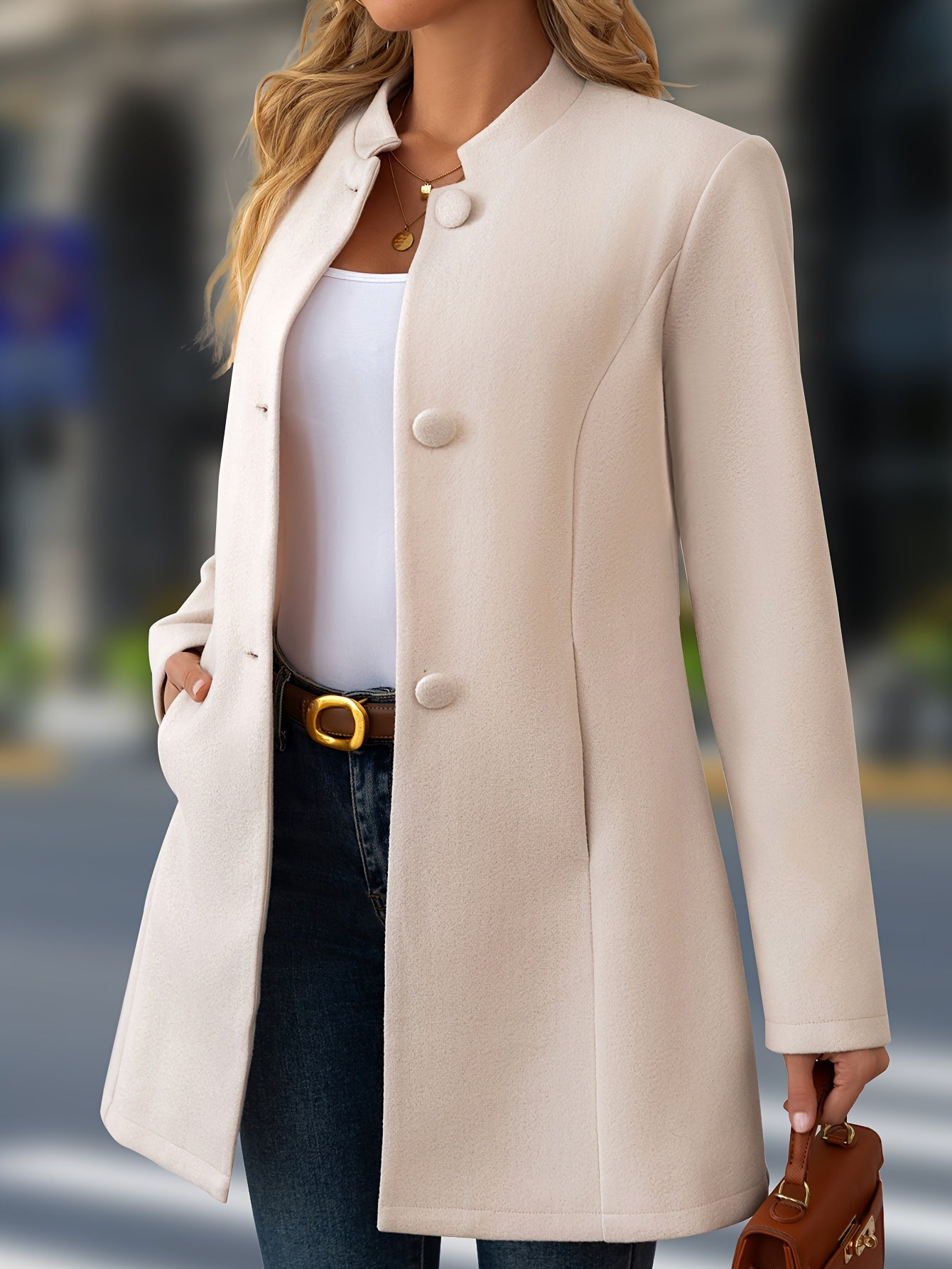 Women's Casual Mid-Length Polyester Jacket with Stand Collar and Button Details