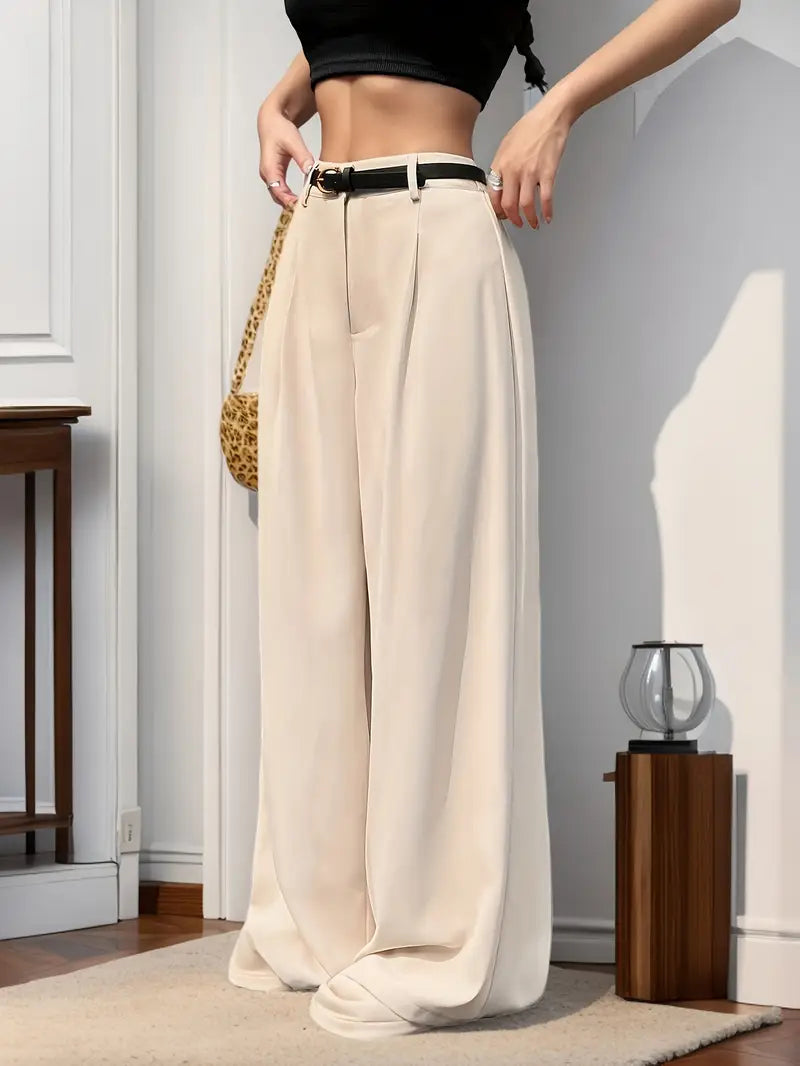 Elegant Beige High-Waisted Wide-Leg Pants for Women