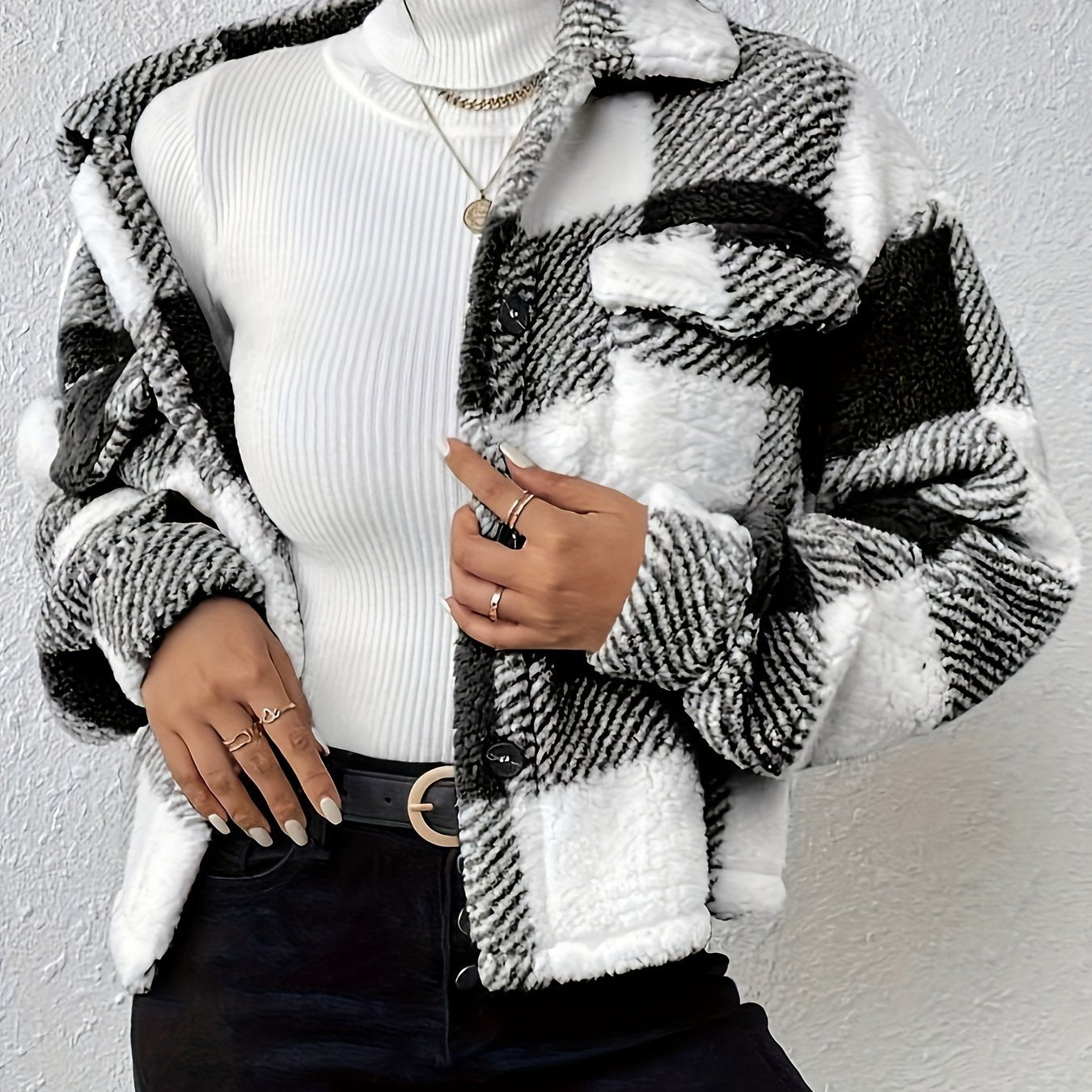 Plaid Button-Up Teddy Coat with Flap Pockets