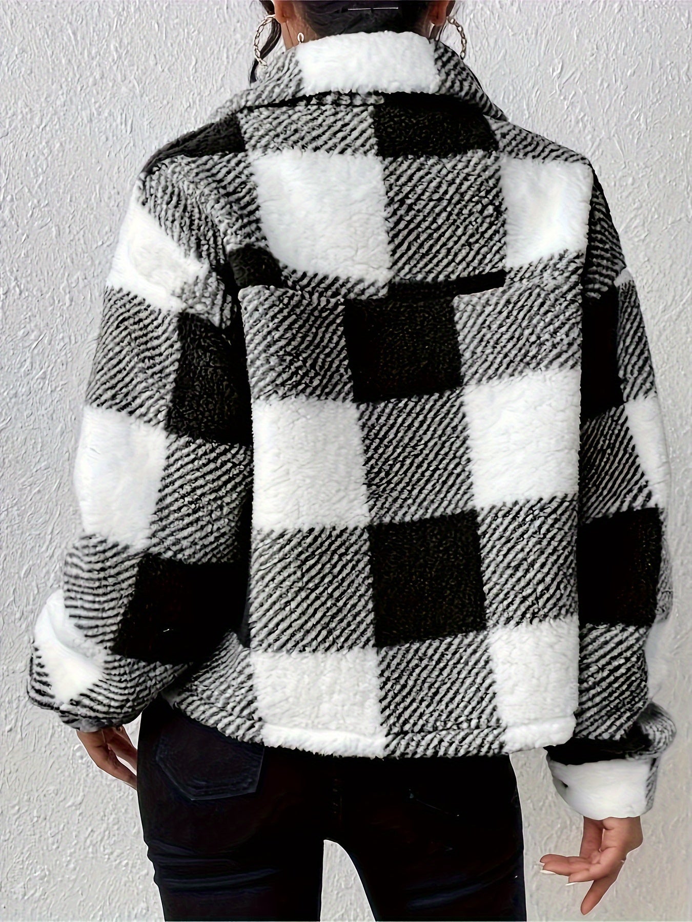 Plaid Button-Up Teddy Coat with Flap Pockets