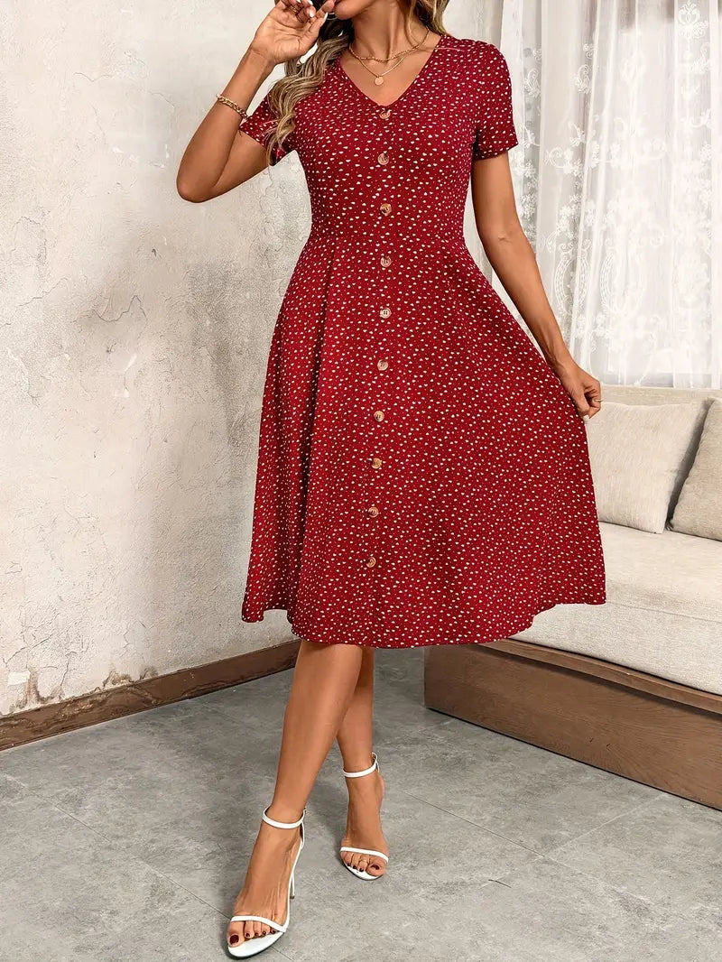 Stylish V-Neck Button-Up Waist-Cinching Dress for Women