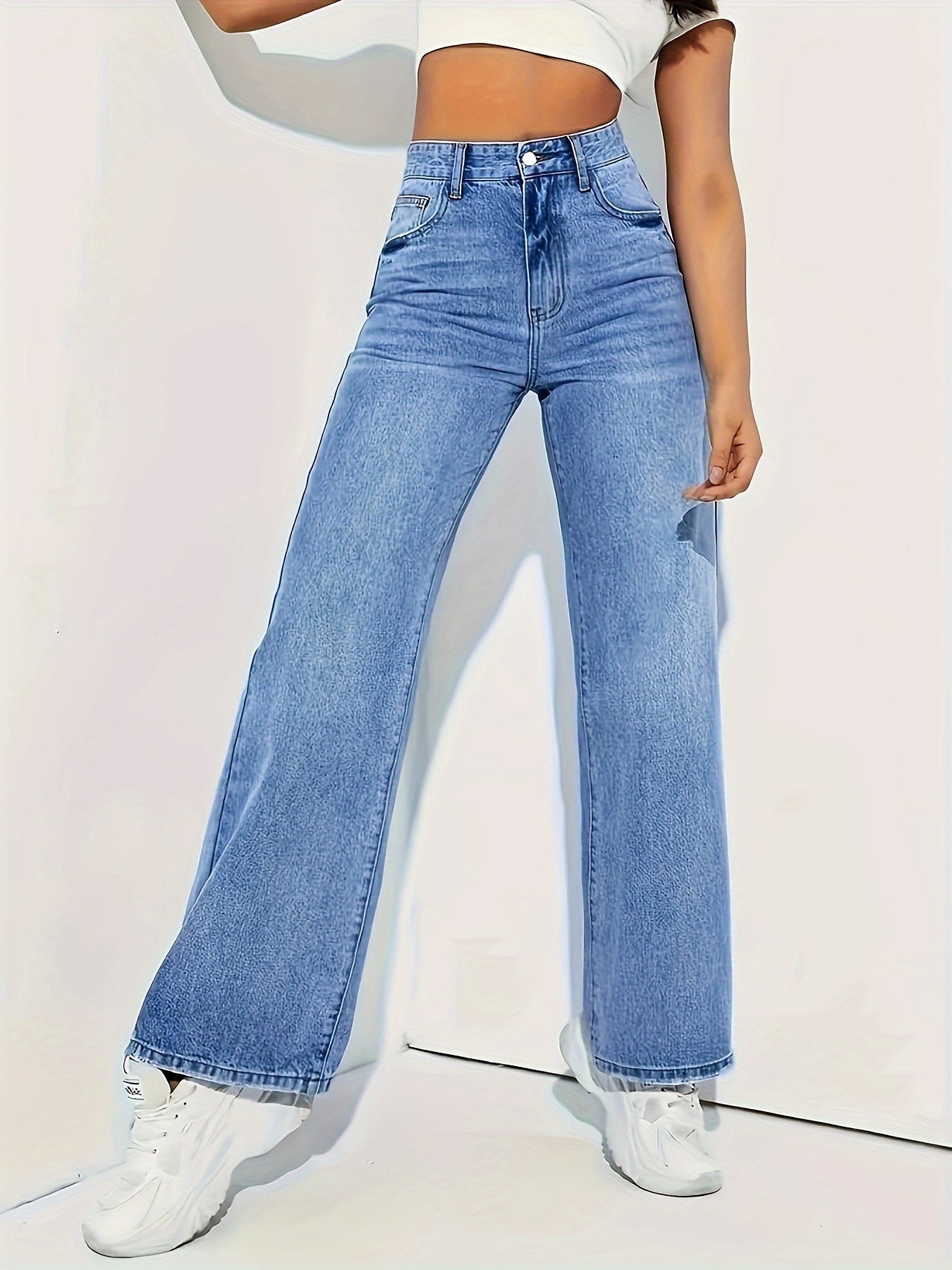 Women's Stylish Light Blue Stretch Straight-Leg Jeans