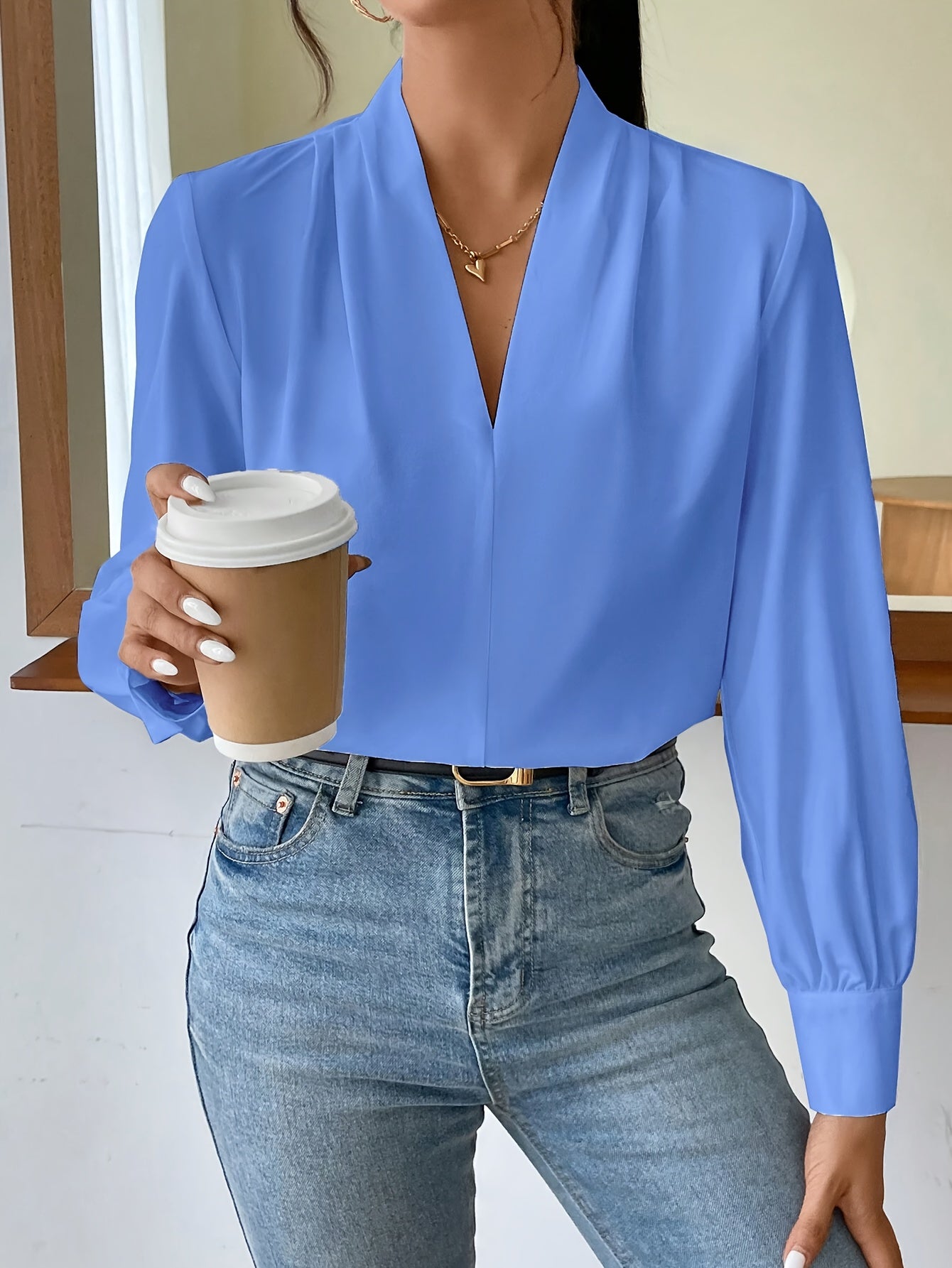 Solid Color V-Neck Long Sleeve Viscose Blouse for Spring and Autumn