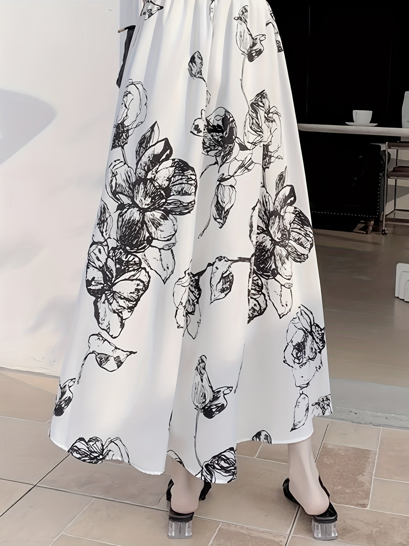 Elegant Black Floral Print Midi Skirt for Women