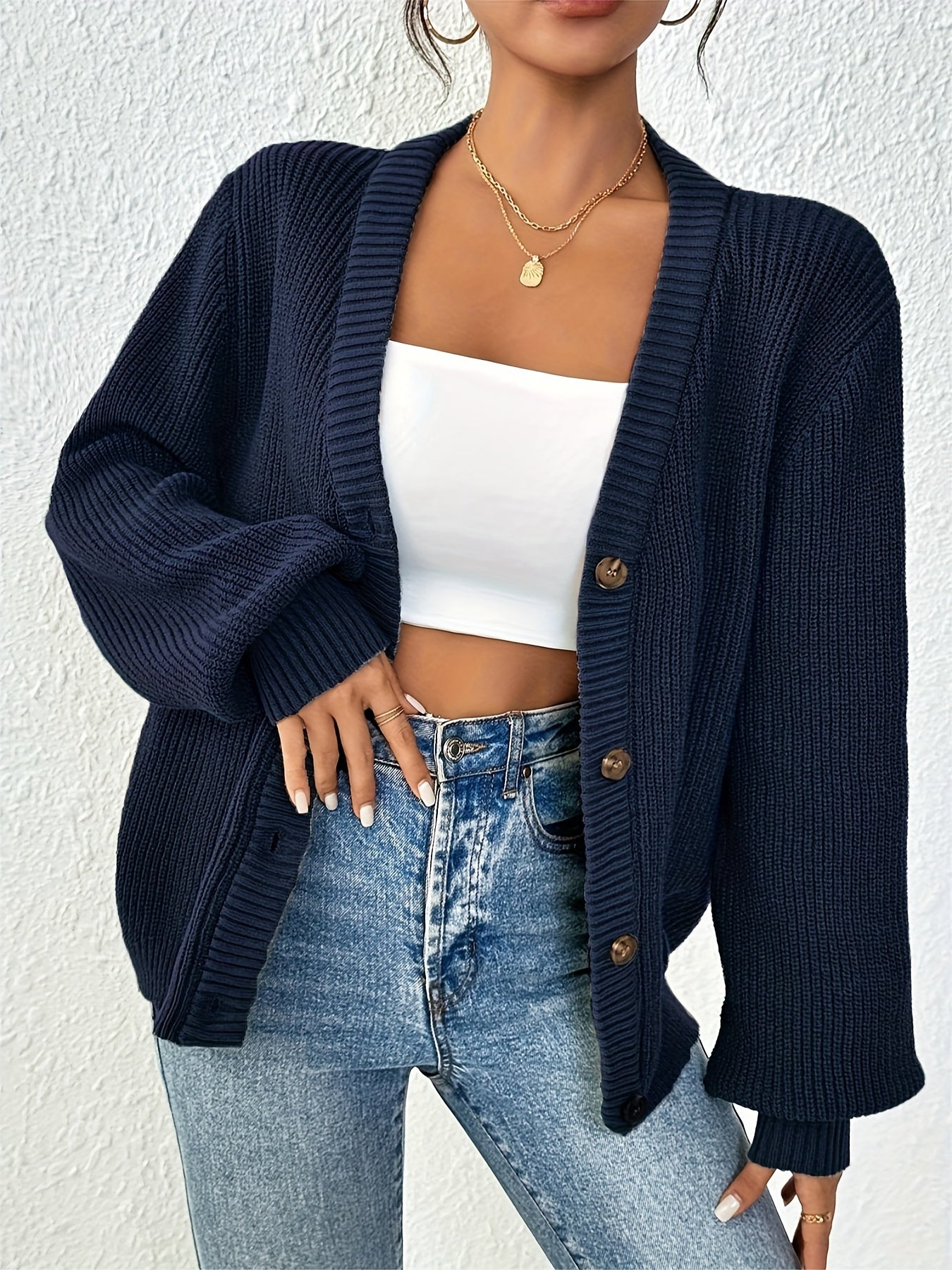 Chic Women's Solid Color Front Button Knit Cardigan Sweater Jacket for Spring and Autumn