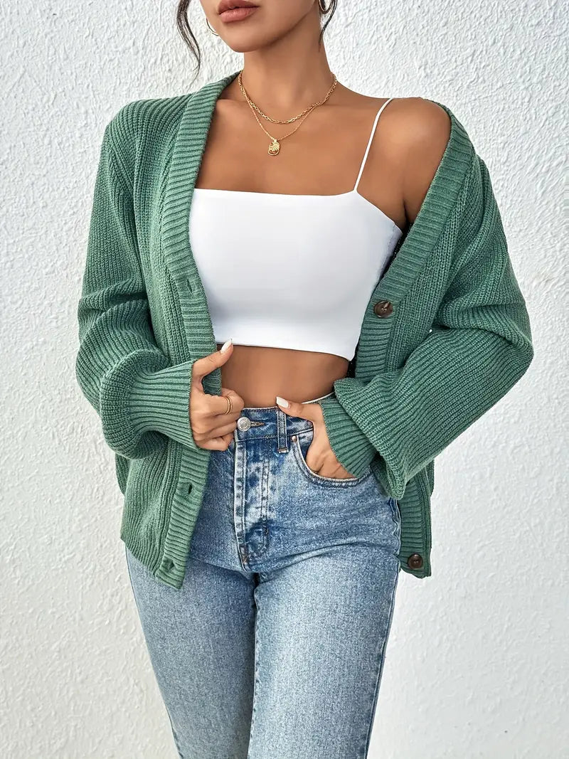 Chic Women's Solid Color Front Button Knit Cardigan Sweater Jacket for Spring and Autumn