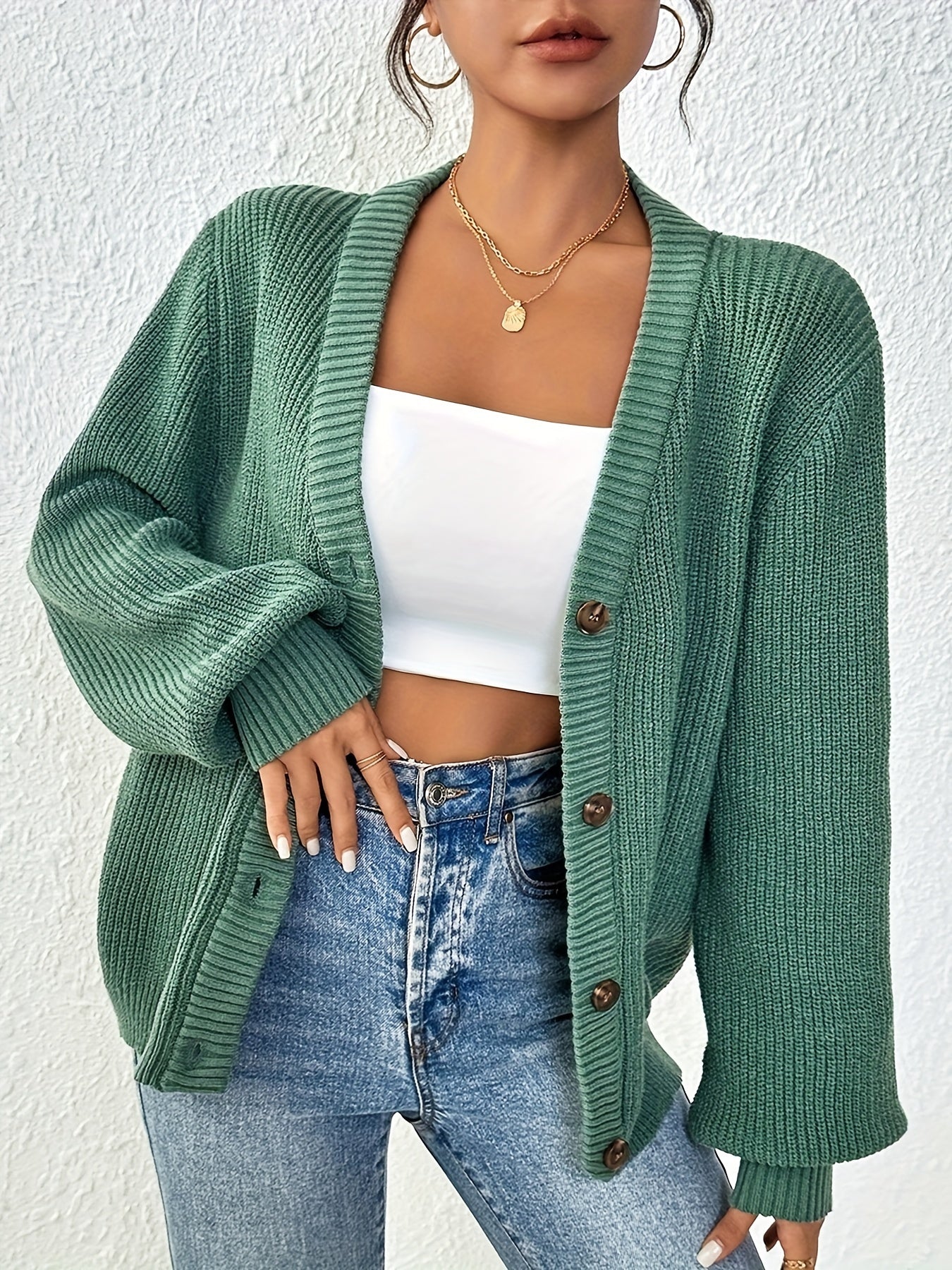 Chic Women's Solid Color Front Button Knit Cardigan Sweater Jacket for Spring and Autumn