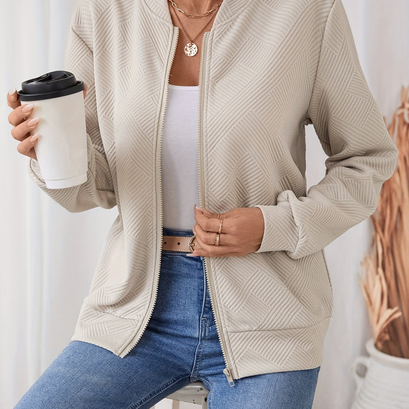 Stylish Women's Beige Zip-Up Jacket