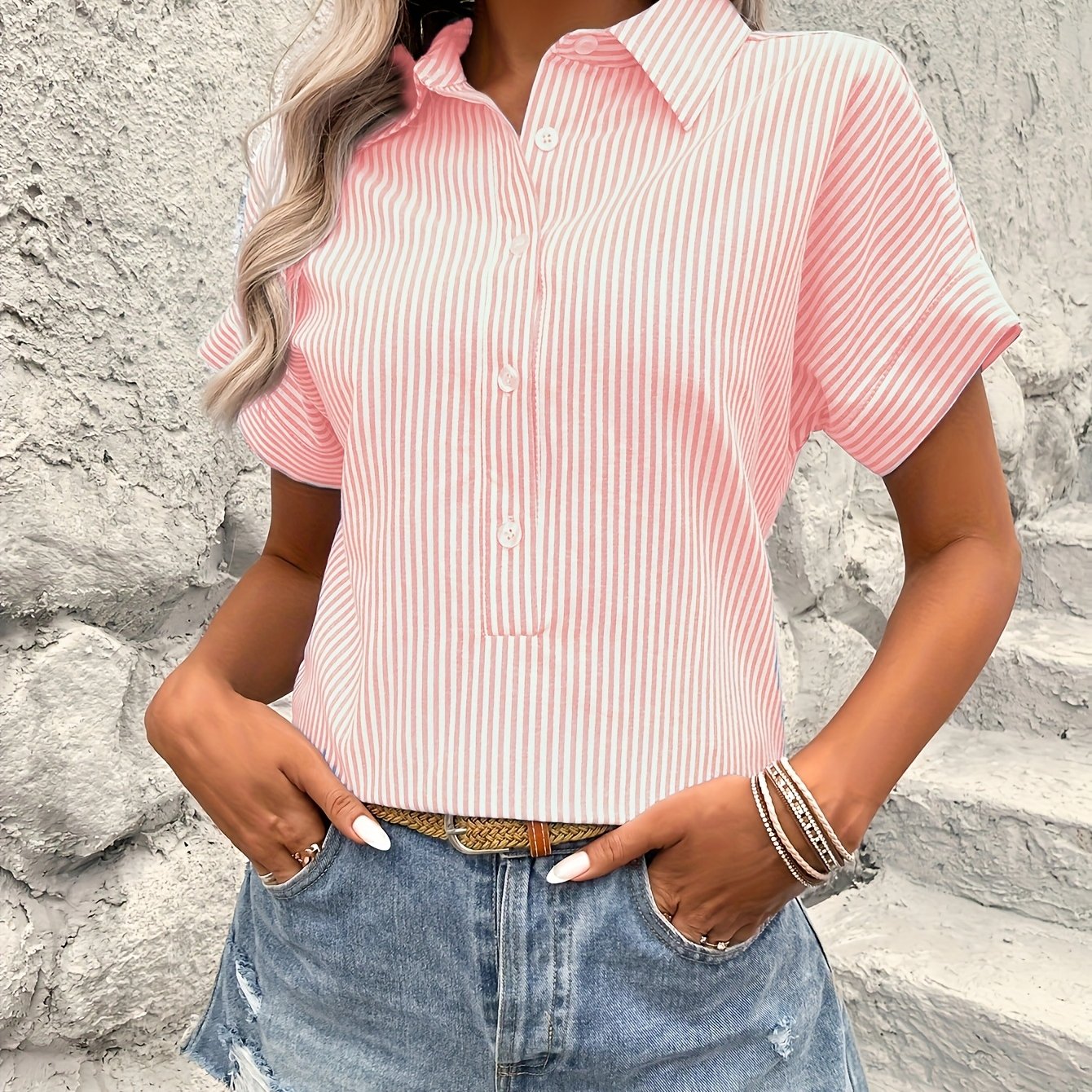 Women's Pink and White Striped Shirt