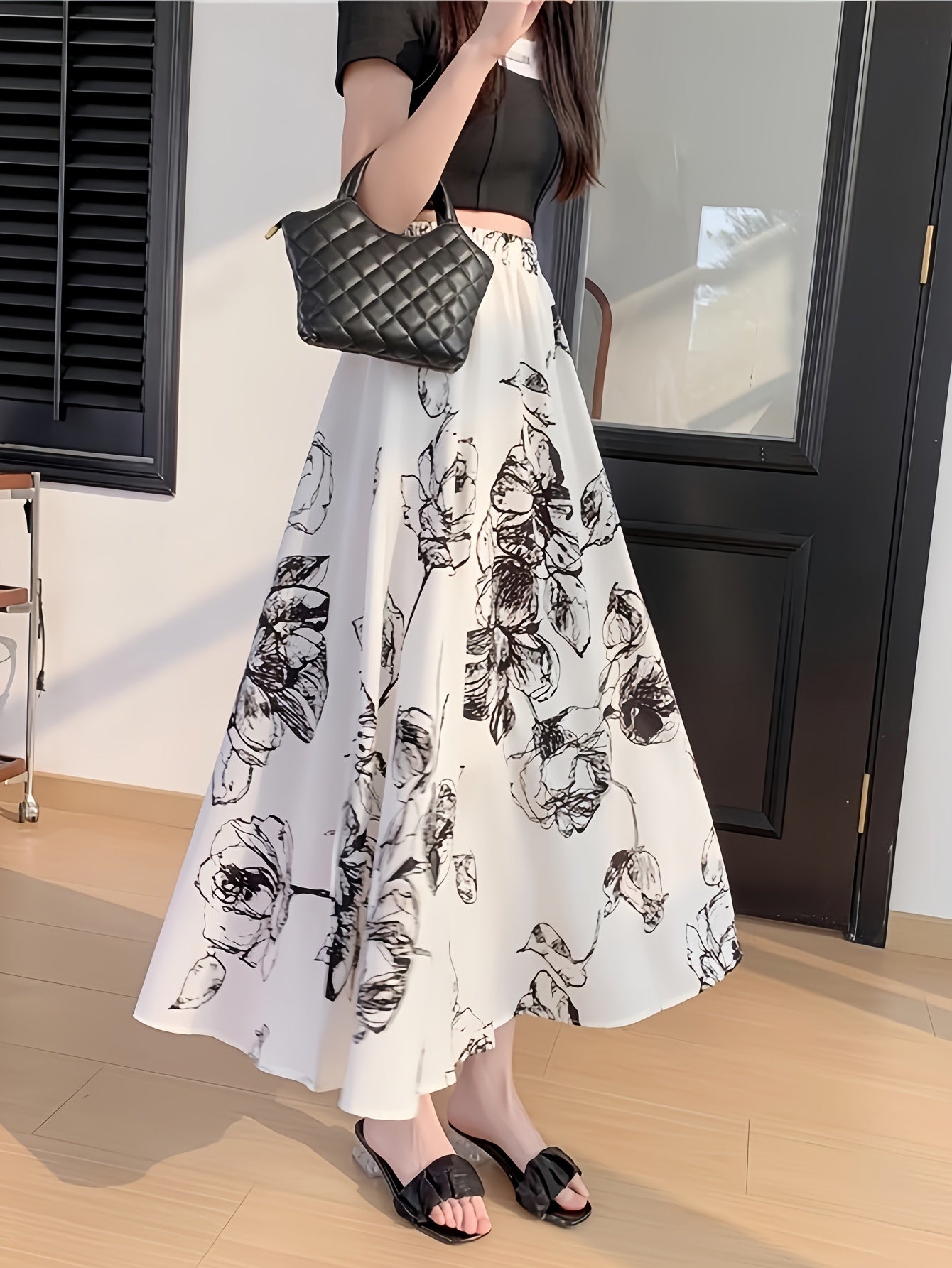 Elegant Black Floral Print Midi Skirt for Women