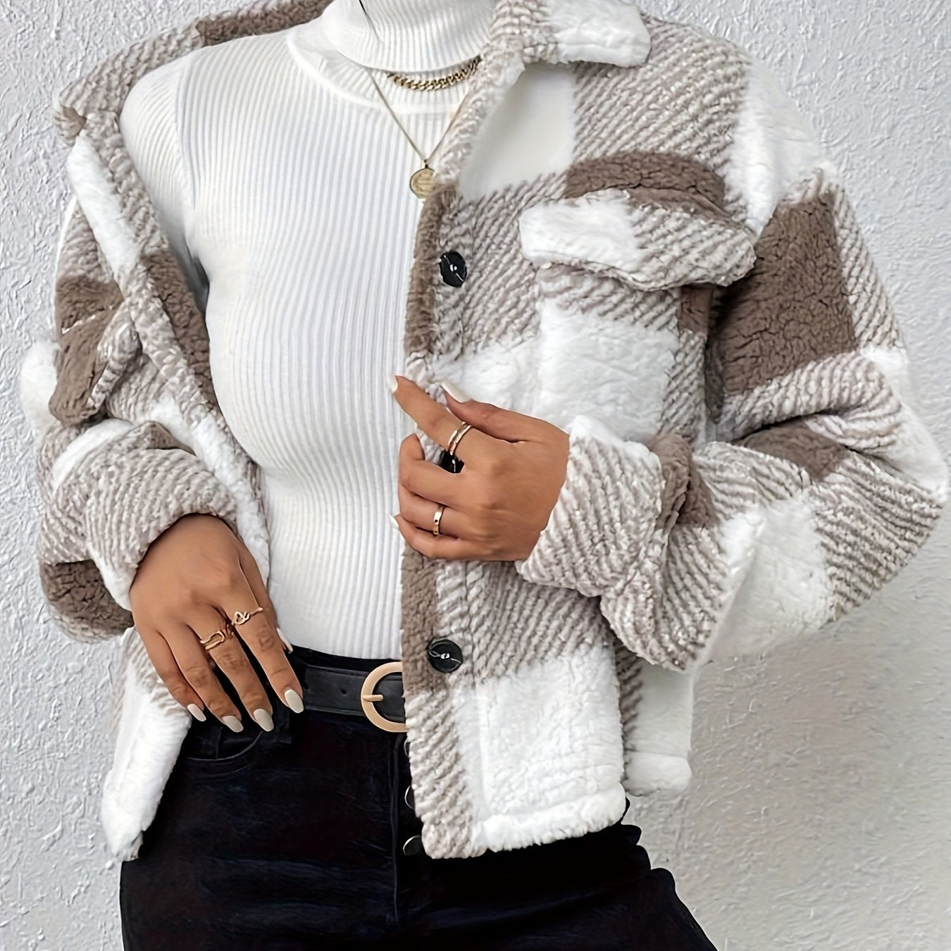Plaid Button-Up Teddy Coat with Flap Pockets