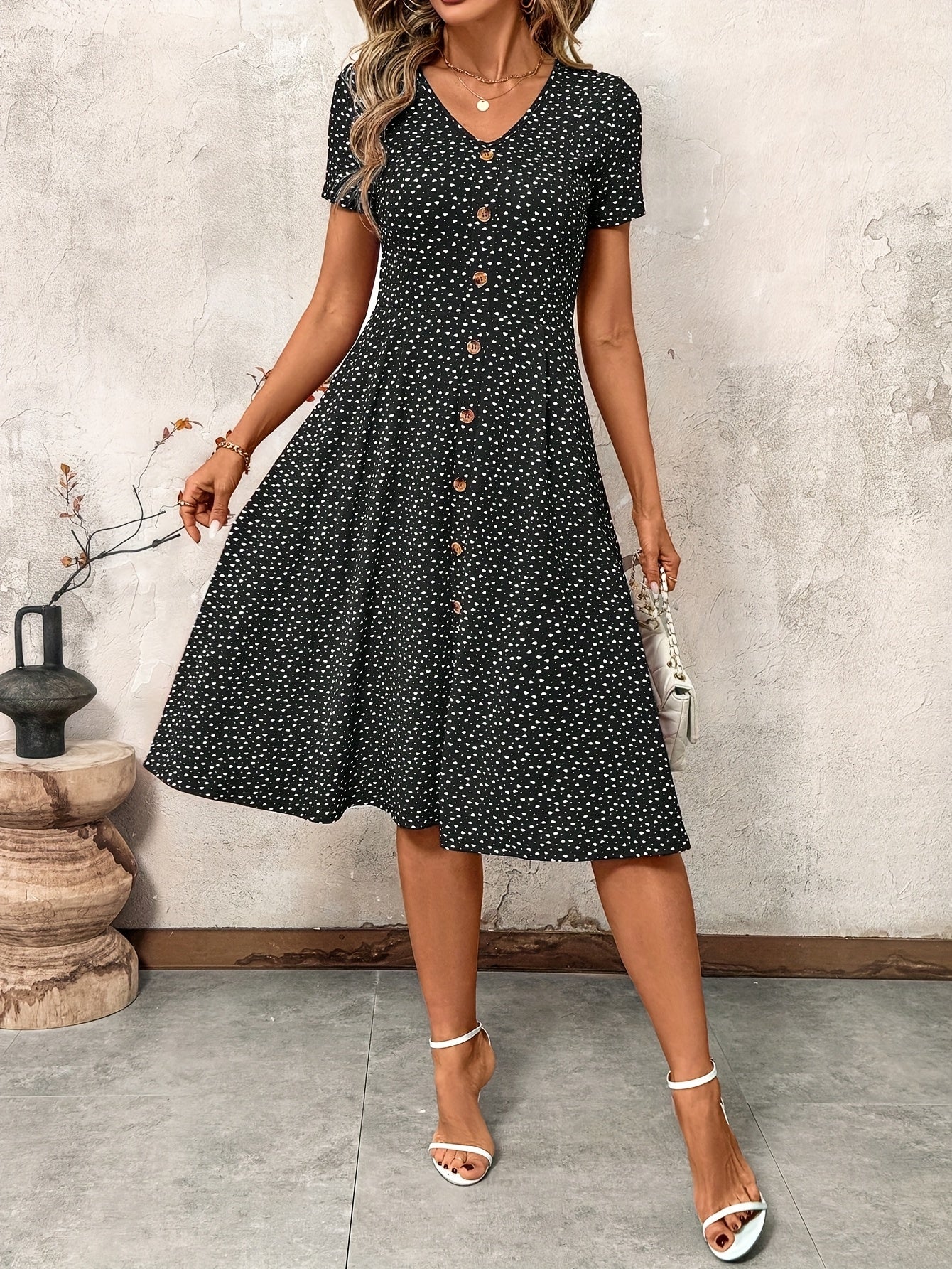 Stylish V-Neck Button-Up Waist-Cinching Dress for Women