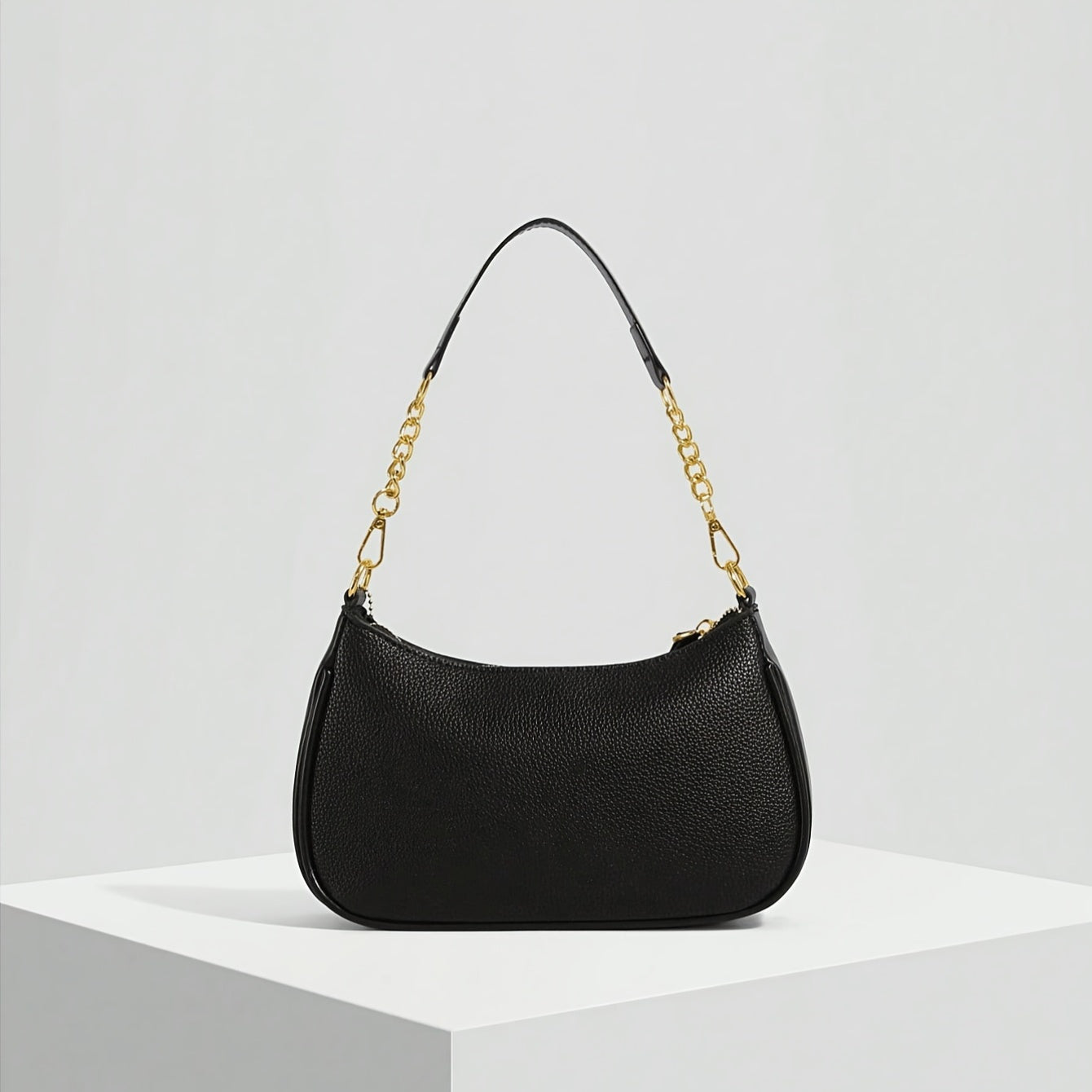 Elegant Black Synthetic Leather Shoulder Bag with Gold Chain Strap