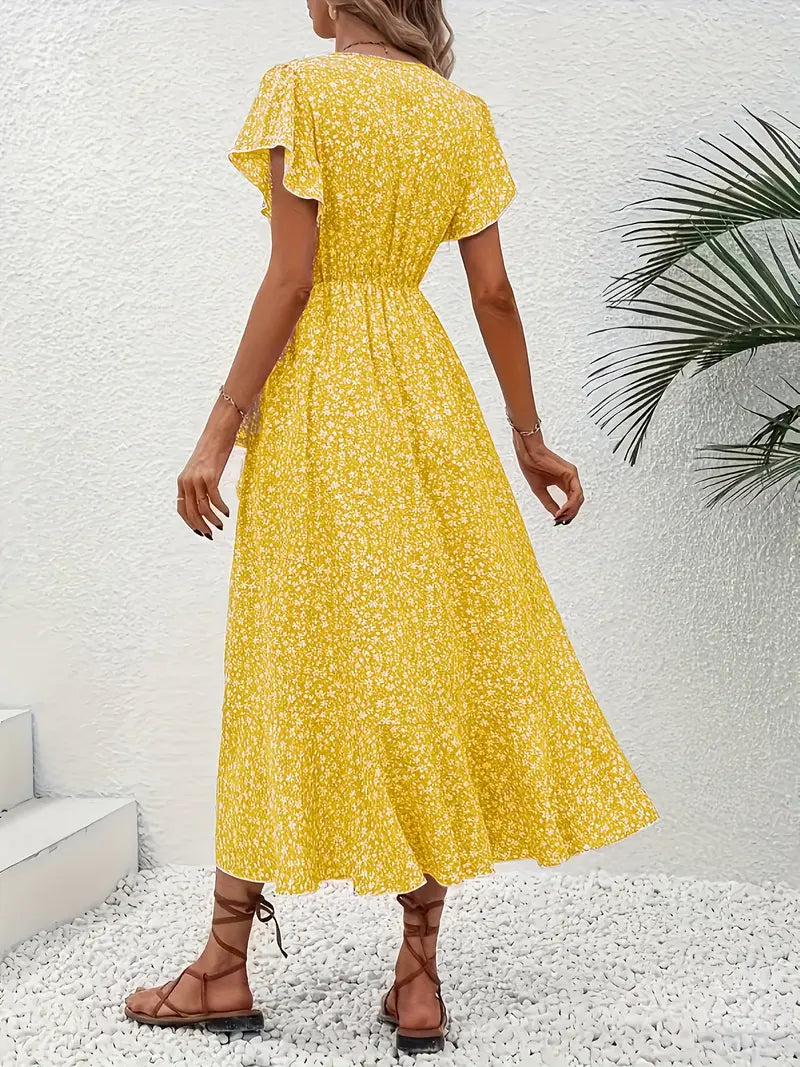 Chic Red Floral V-Neck Midi Dress for Women