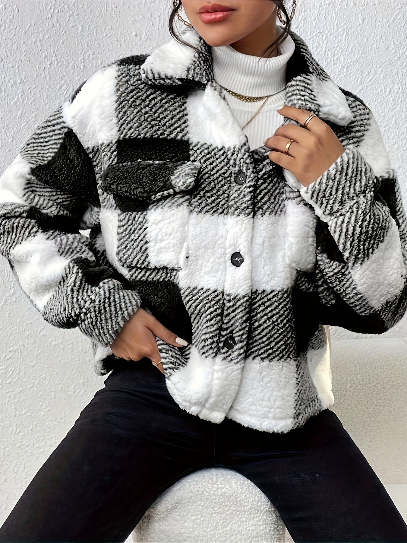 Plaid Button-Up Teddy Coat with Flap Pockets