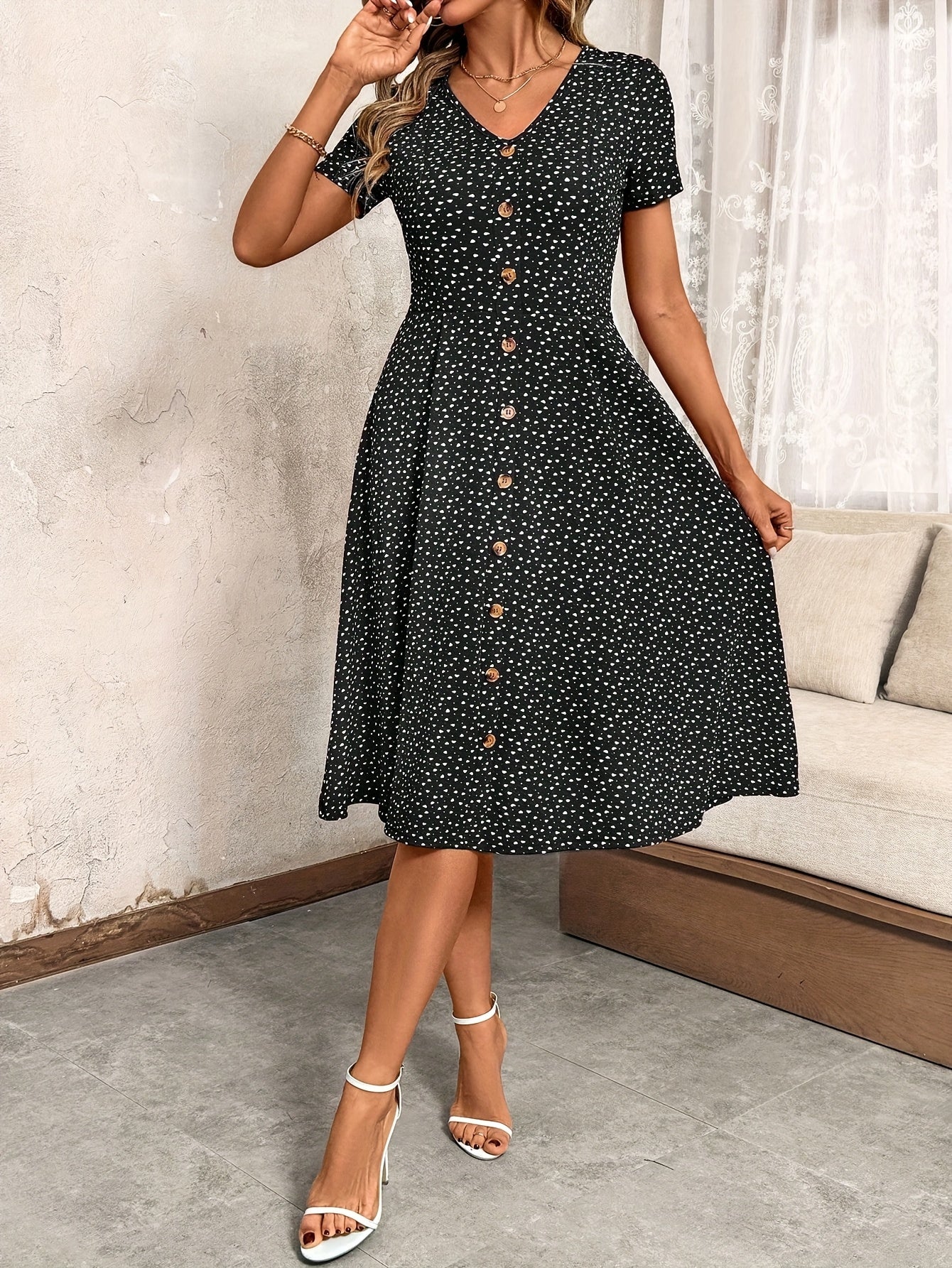 Stylish V-Neck Button-Up Waist-Cinching Dress for Women