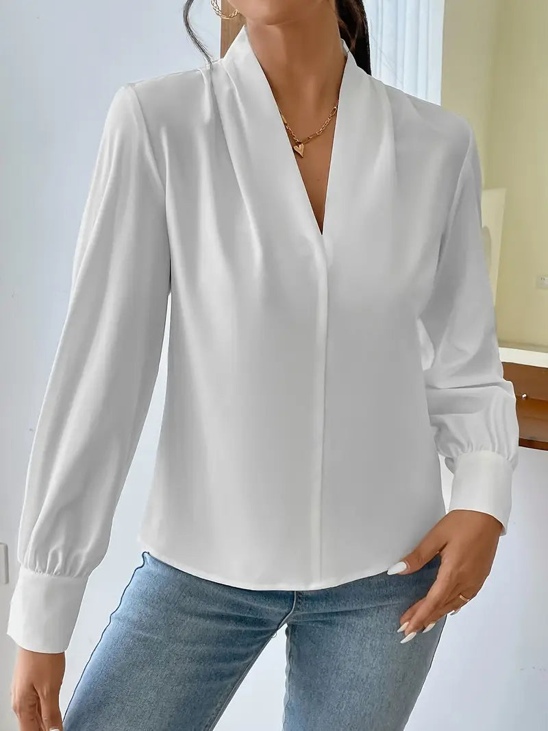 Solid Color V-Neck Long Sleeve Viscose Blouse for Spring and Autumn