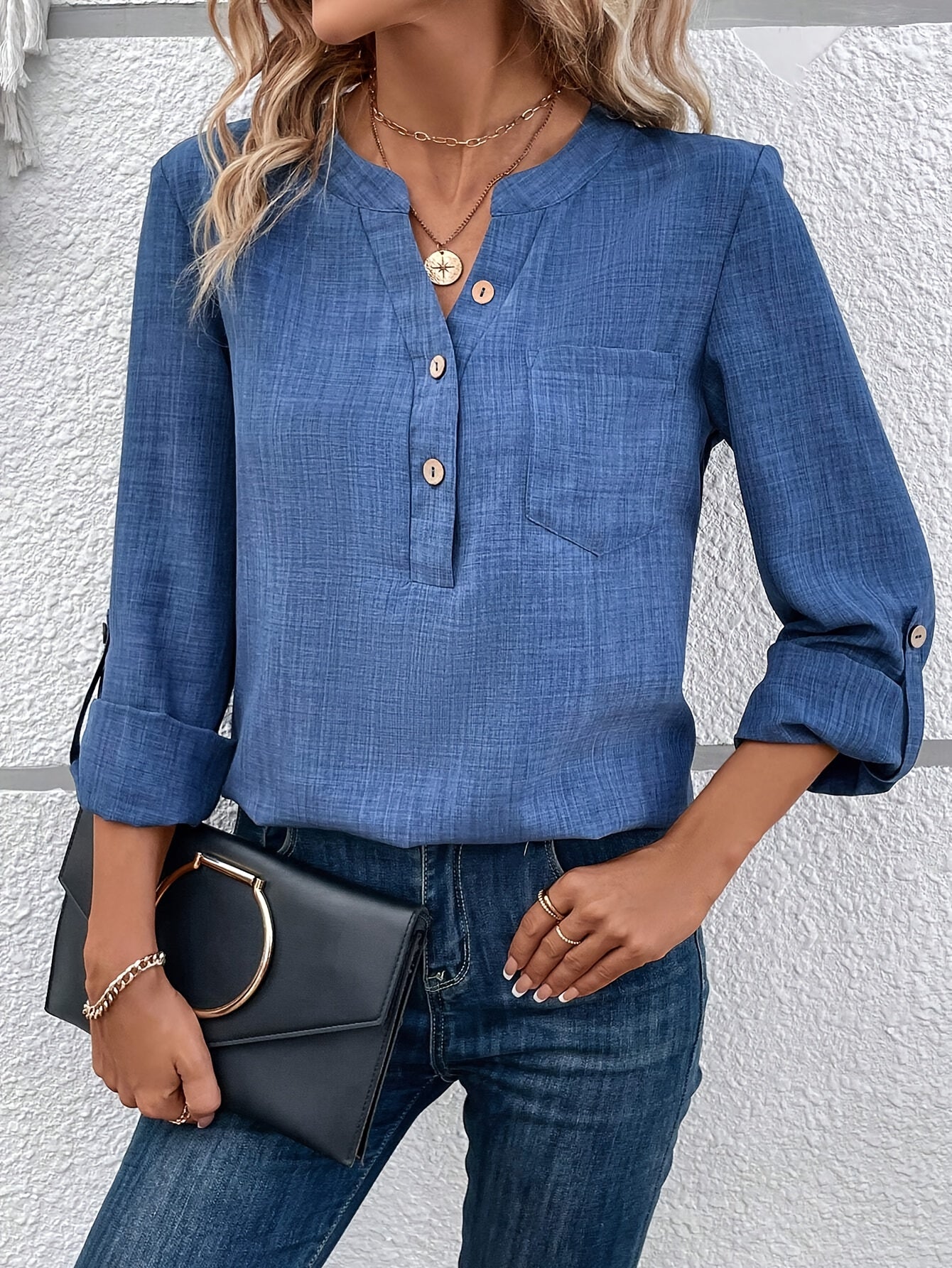 Button-Up Shirt with Pocket and Appliqué Sleeves