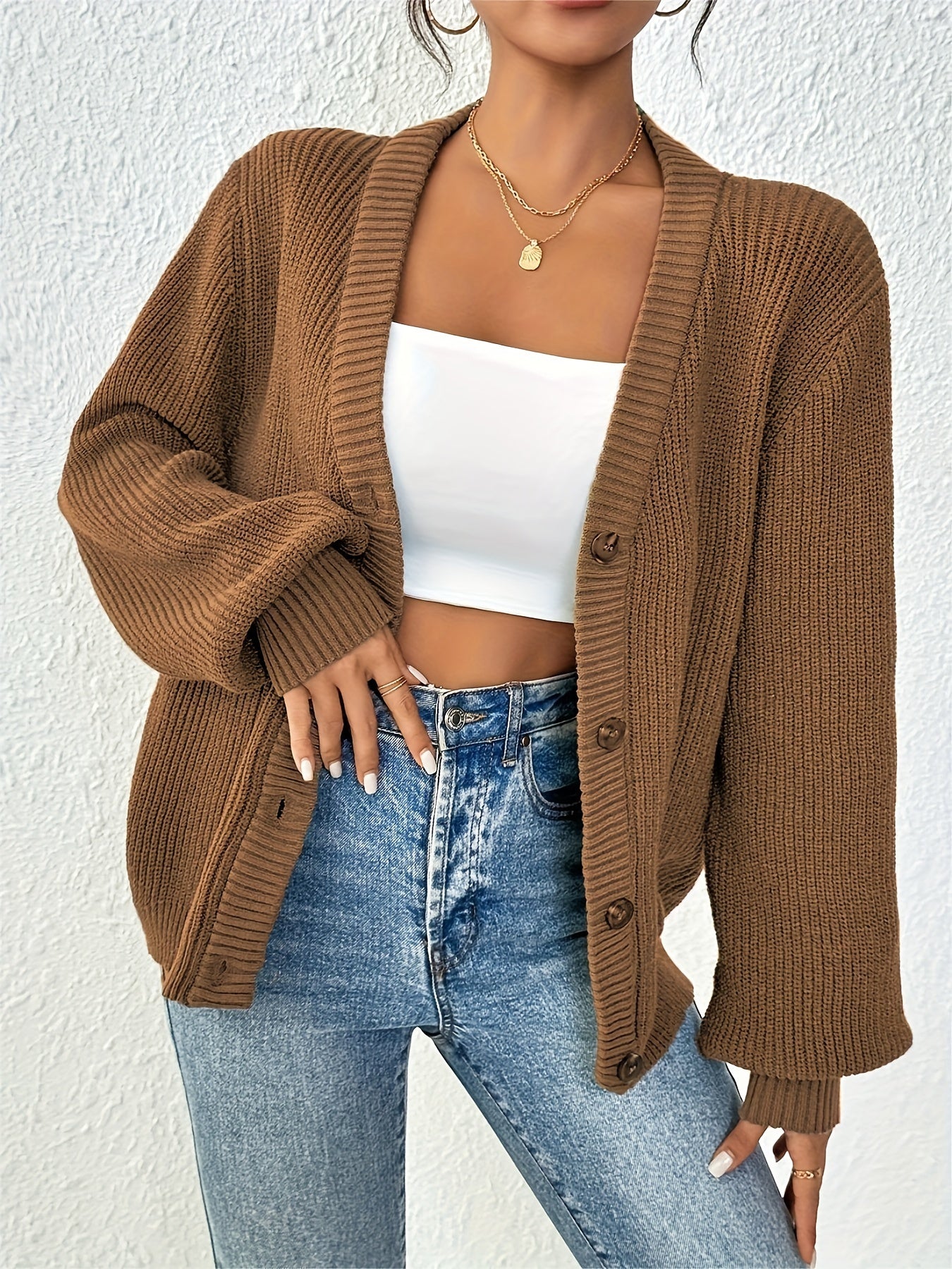 Chic Women's Solid Color Front Button Knit Cardigan Sweater Jacket for Spring and Autumn