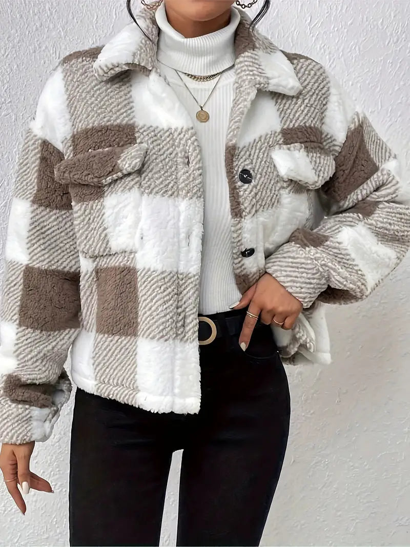 Plaid Button-Up Teddy Coat with Flap Pockets