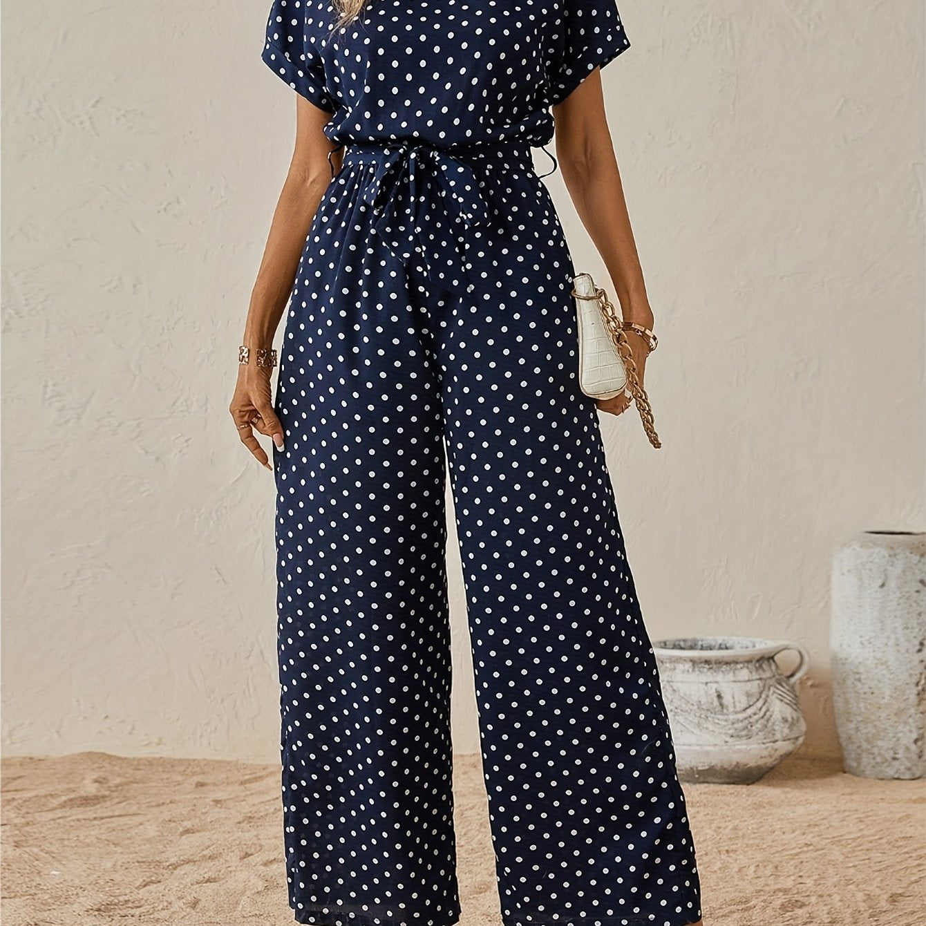 Polka Dot Batwing Jumpsuit with Waist Tie