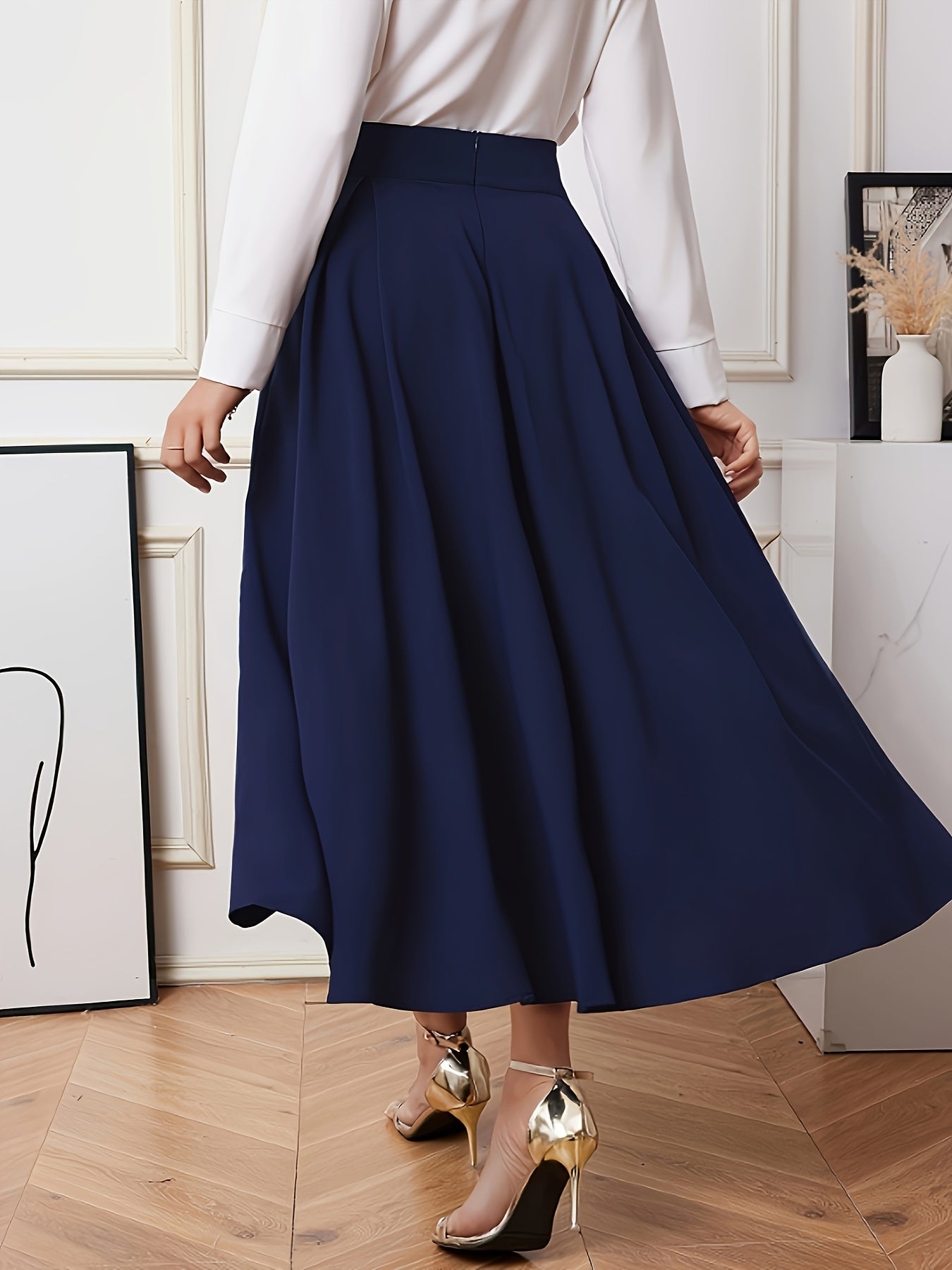 Women's Navy Blue High-Waisted A-Line Skirt