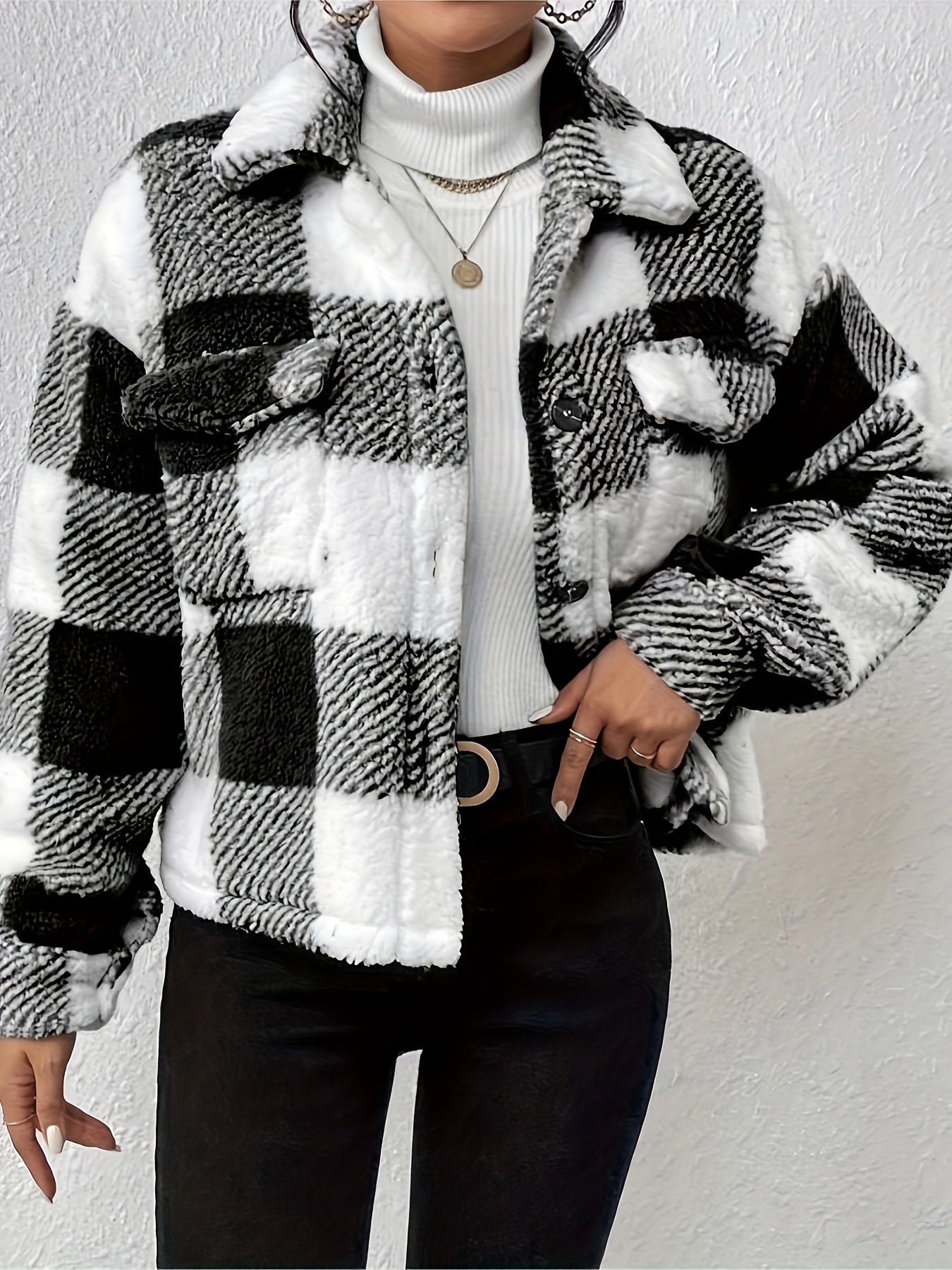 Plaid Button-Up Teddy Coat with Flap Pockets