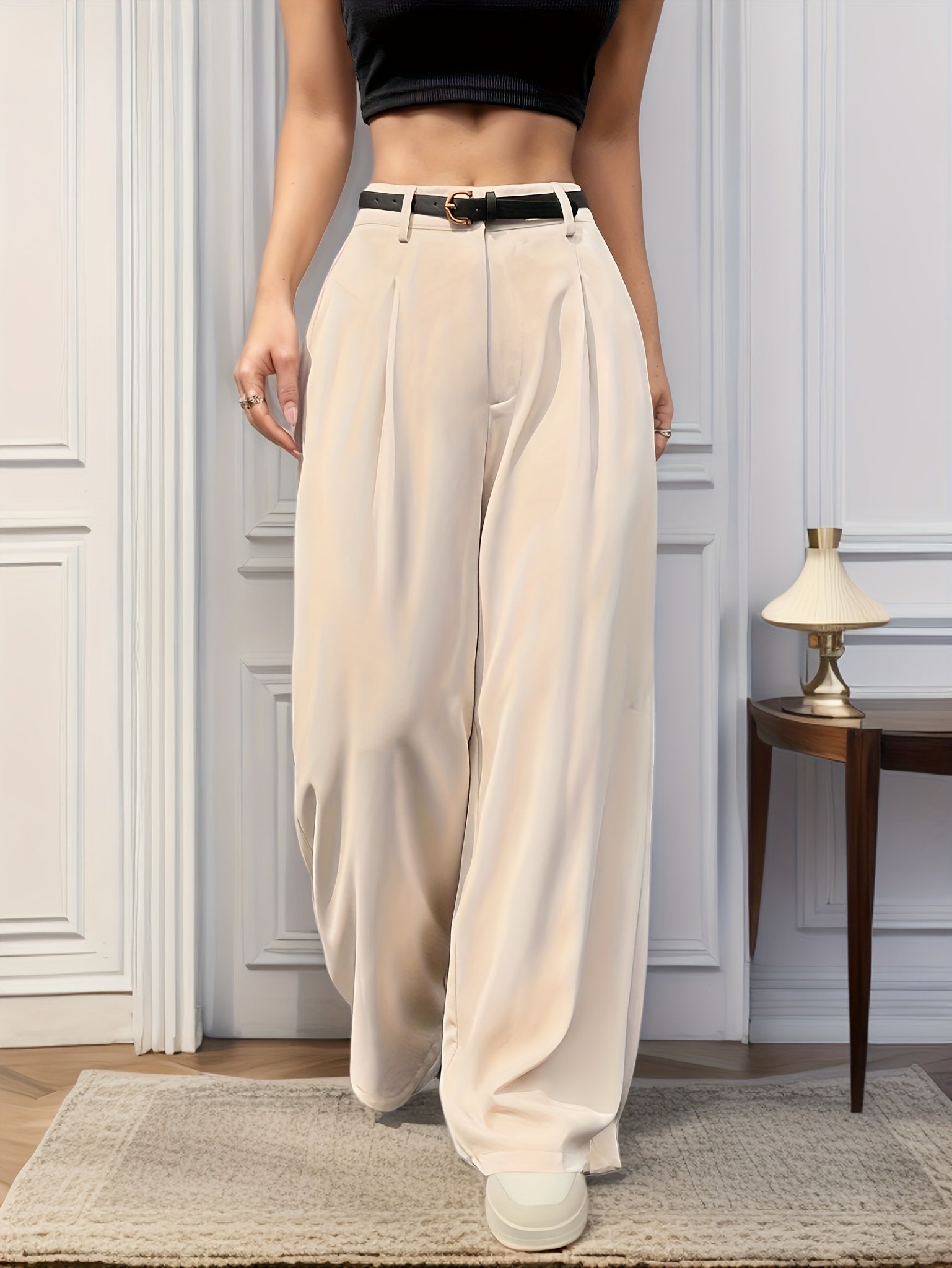 Elegant Beige High-Waisted Wide-Leg Pants for Women