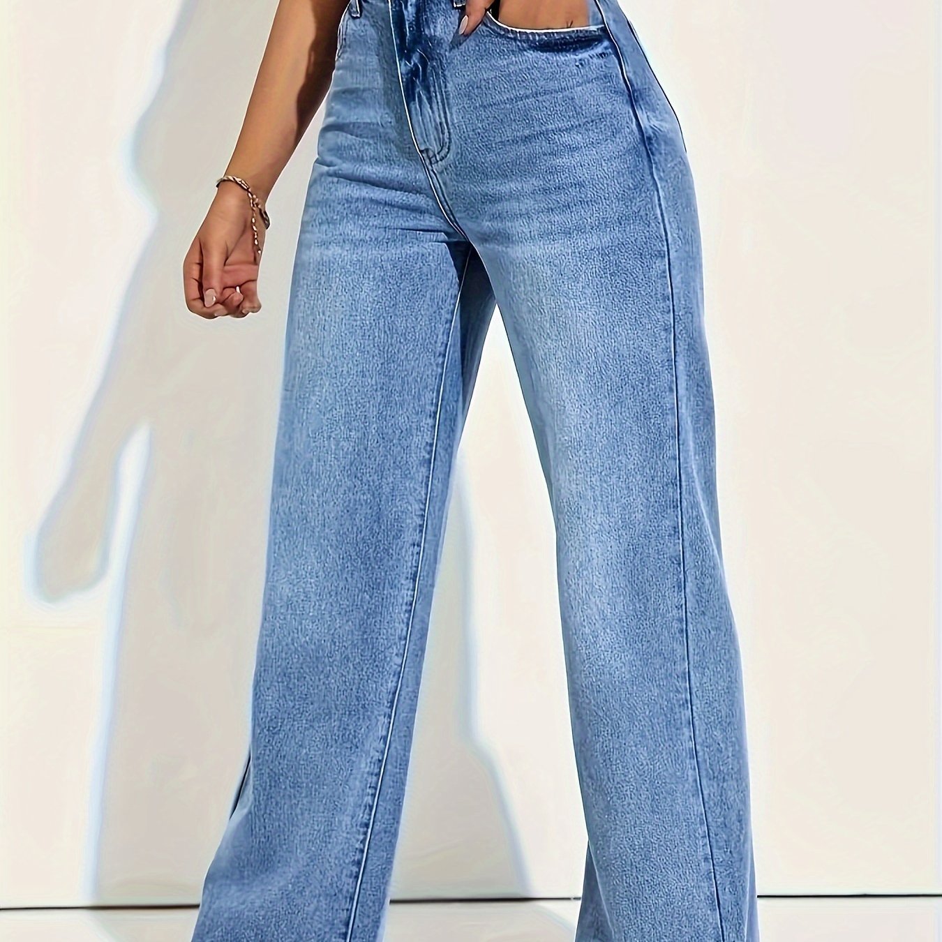 Women's Stylish Light Blue Stretch Straight-Leg Jeans