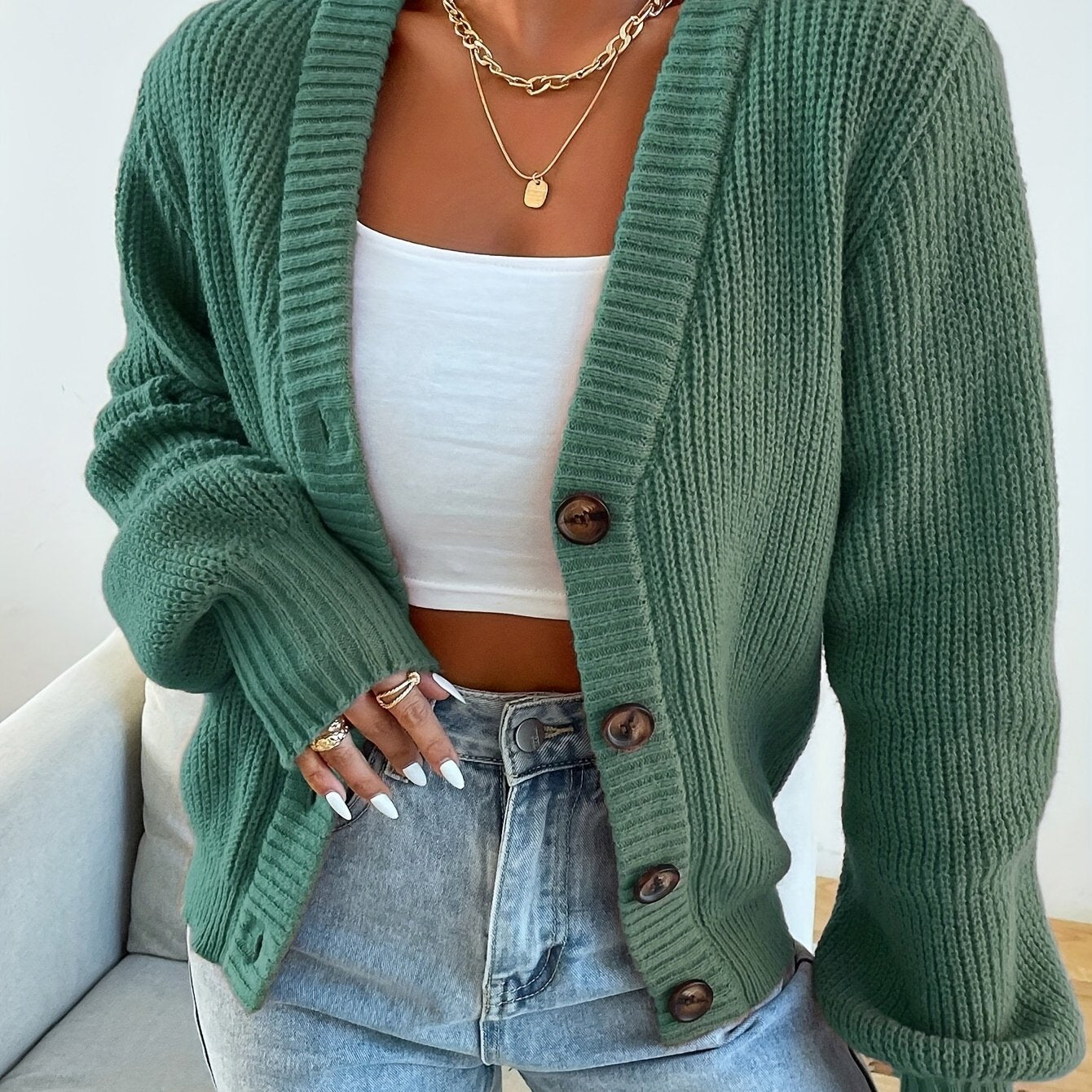Chic Women's Solid Color Front Button Knit Cardigan Sweater Jacket for Spring and Autumn