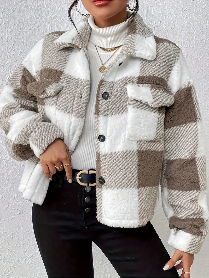 Plaid Button-Up Teddy Coat with Flap Pockets