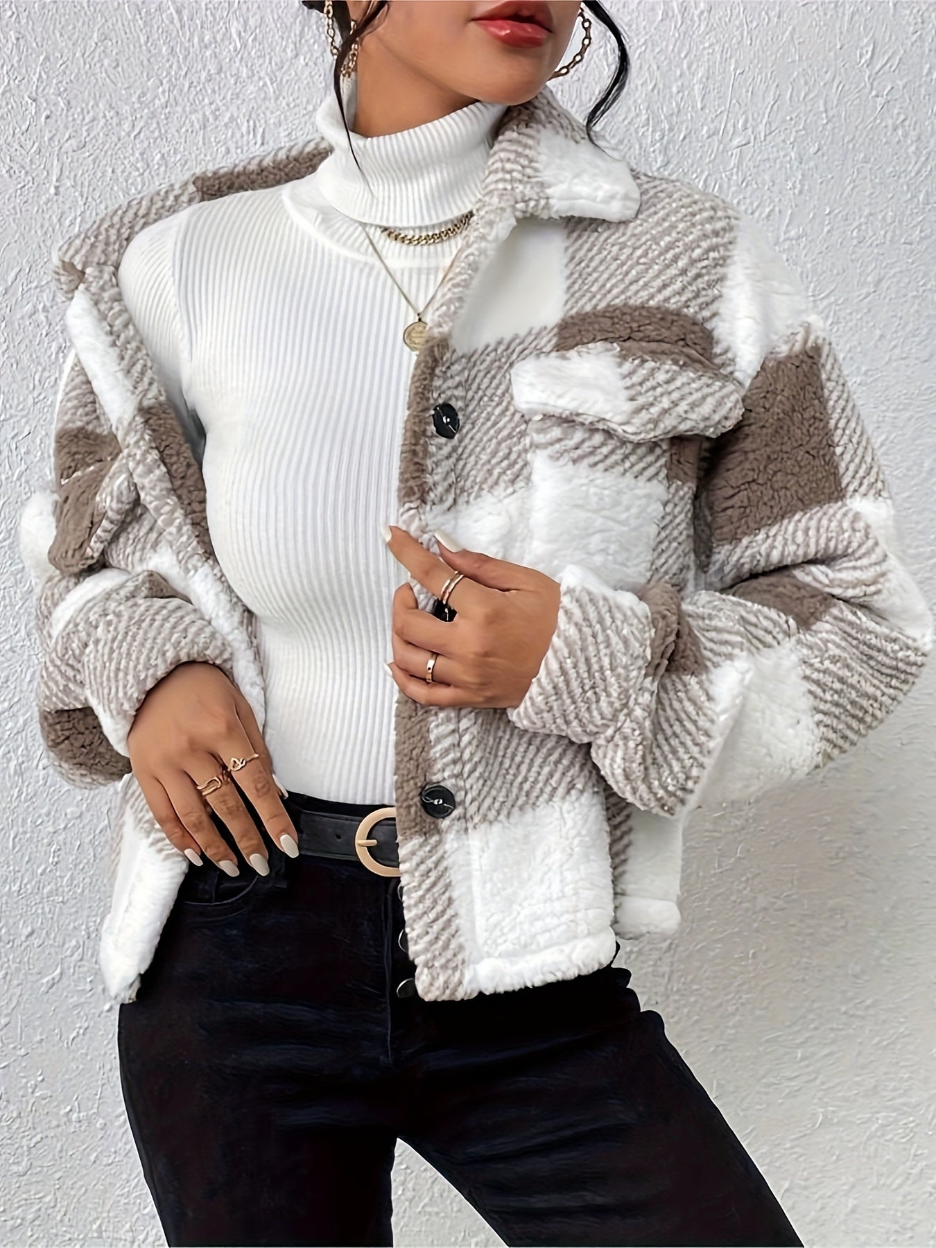 Plaid Button-Up Teddy Coat with Flap Pockets