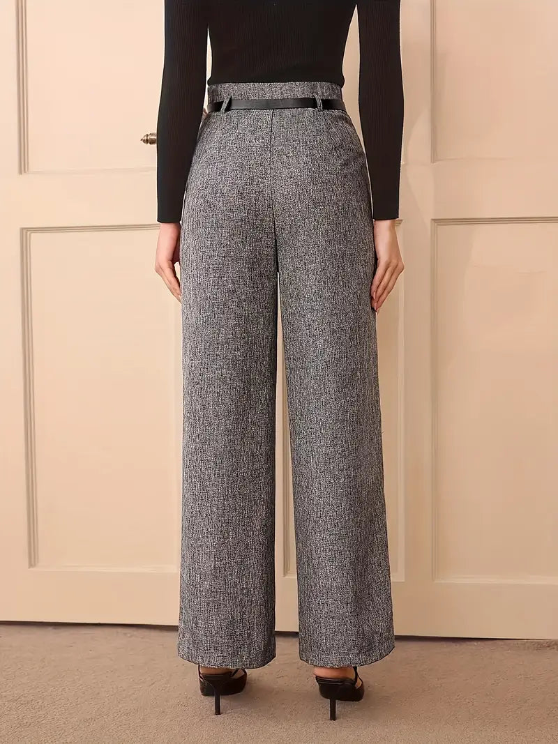 Retro-Inspired High-Waisted Gray Straight-Leg Women's Pants with Adjustable Belt