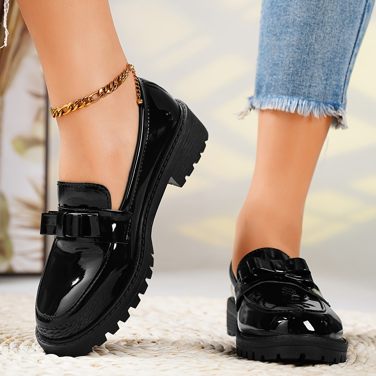Women's Black Bow Detail Loafers