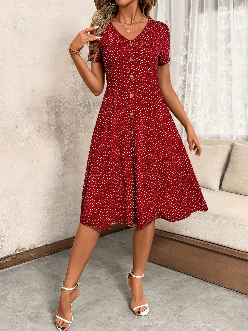 Stylish V-Neck Button-Up Waist-Cinching Dress for Women