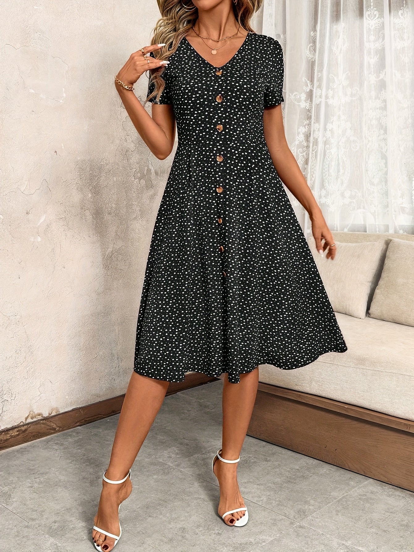 Stylish V-Neck Button-Up Waist-Cinching Dress for Women
