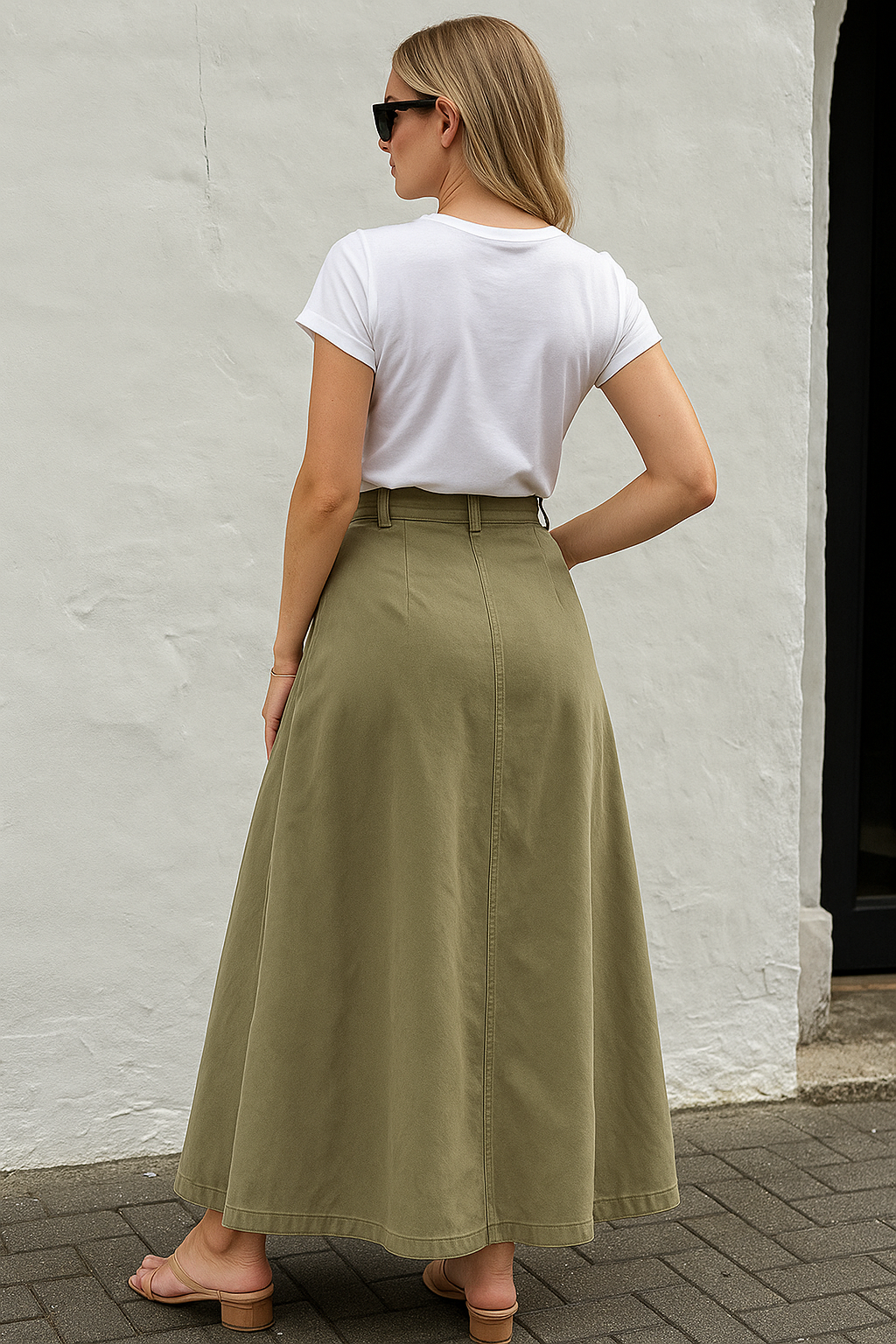 High-Waisted Midi Skirt with Solid Colors and Functional Pockets for Women with Button Front Slit