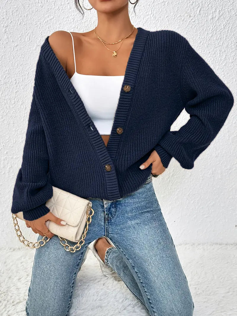 Chic Women's Solid Color Front Button Knit Cardigan Sweater Jacket for Spring and Autumn
